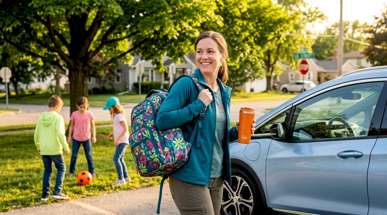 Parent with trendy travel bag during school pickup