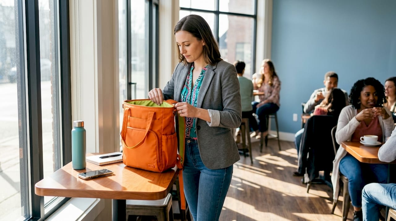 Professional adjusting convertible bag in office