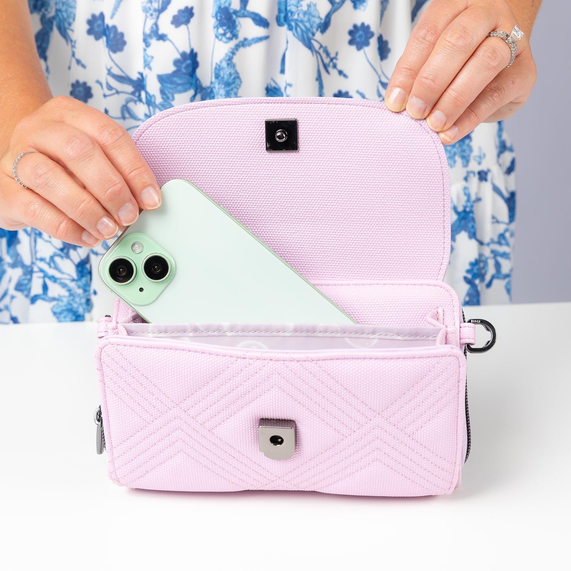 Vault Matte Luxe VL RFID Convertible Crossbody - - 24569_VaultMatteLuxe_MetallicBubblePurple_Lifestyle_02