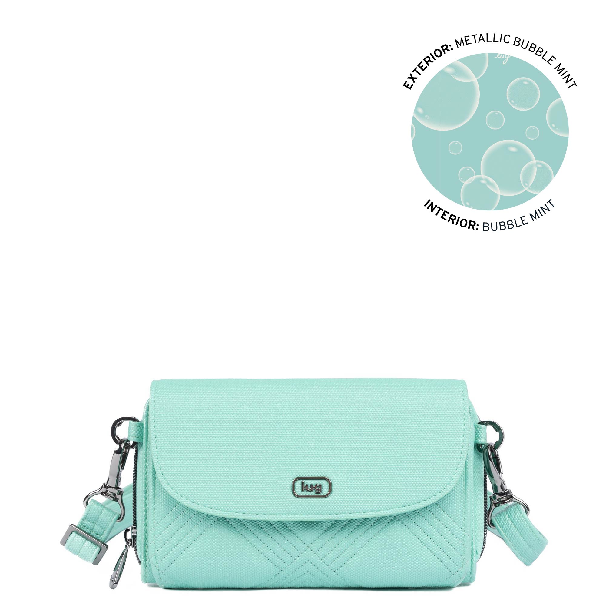 Vault Matte Luxe VL RFID Convertible Crossbody - METALLIC BUBBLE MINT - 24570_VaultMatteLuxe_MetallicBubbleMint_Angle_01