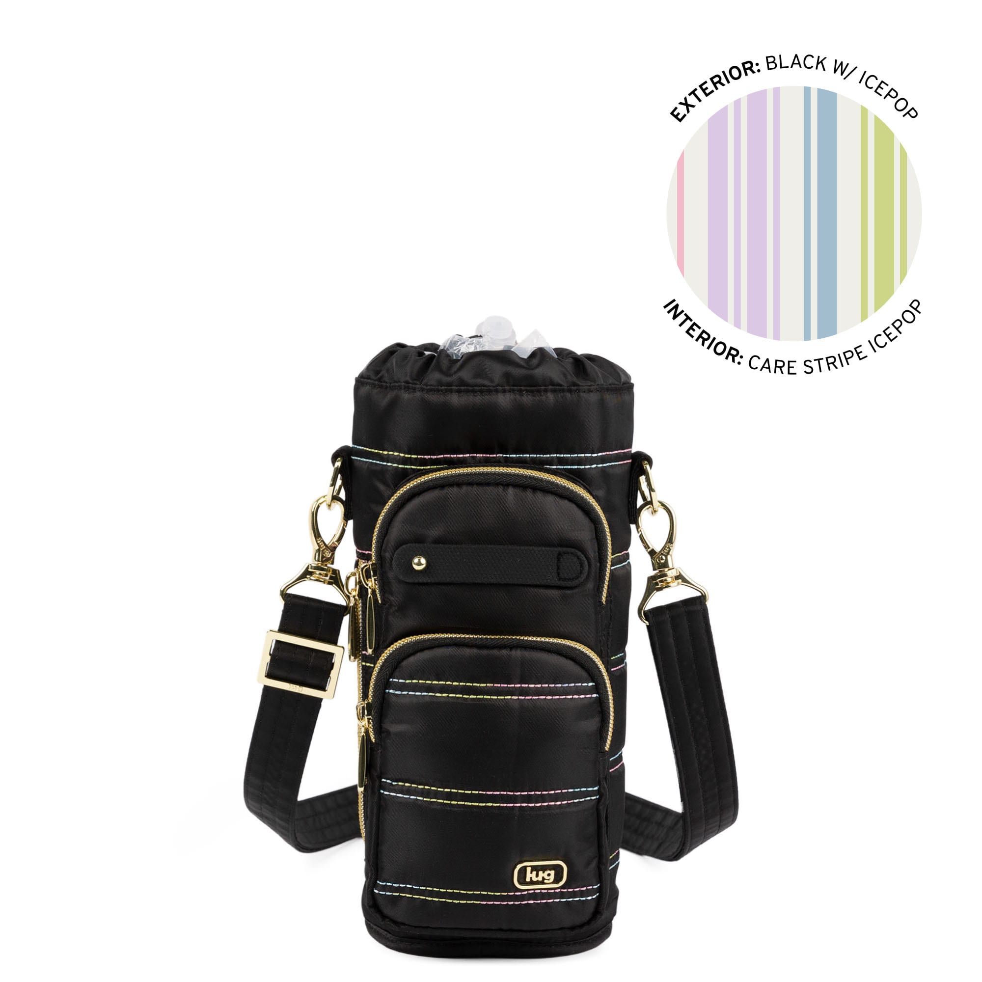 Huggie Wide Crossbody Water Bottle Holder with Charm Bar - BLACK ICEPOP STITCH - 24764_HuggieWide_BlackwithRainbowIcepop_Angle_01