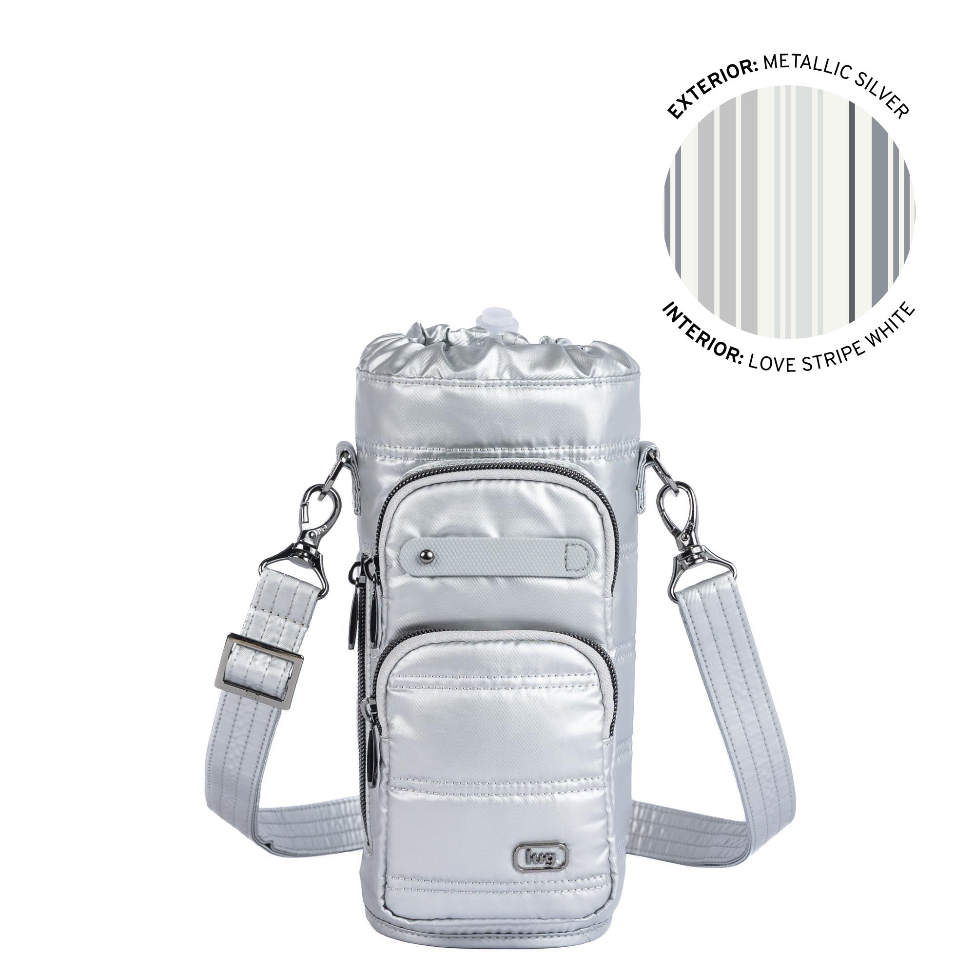 Huggie Wide Crossbody Water Bottle Holder with Charm Bar - METALLIC SILVER - 24765_HuggieWide_MetallicSilver_01