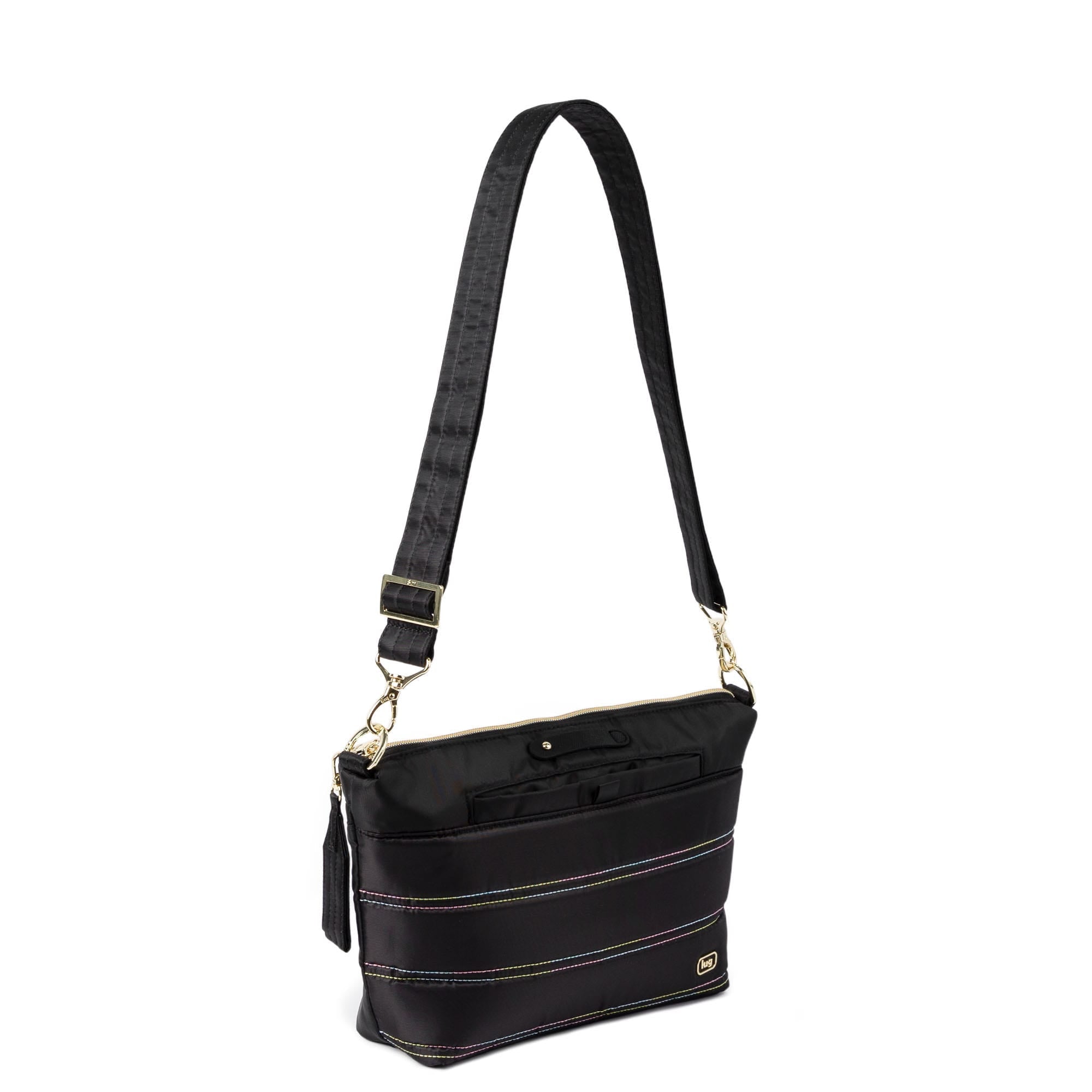 Flare 2 Crossbody Bag with Puller - BLACK ICEPOP STITCH - 24775_Flare2wPuller_BlackRainbowIcePop_Angle_02