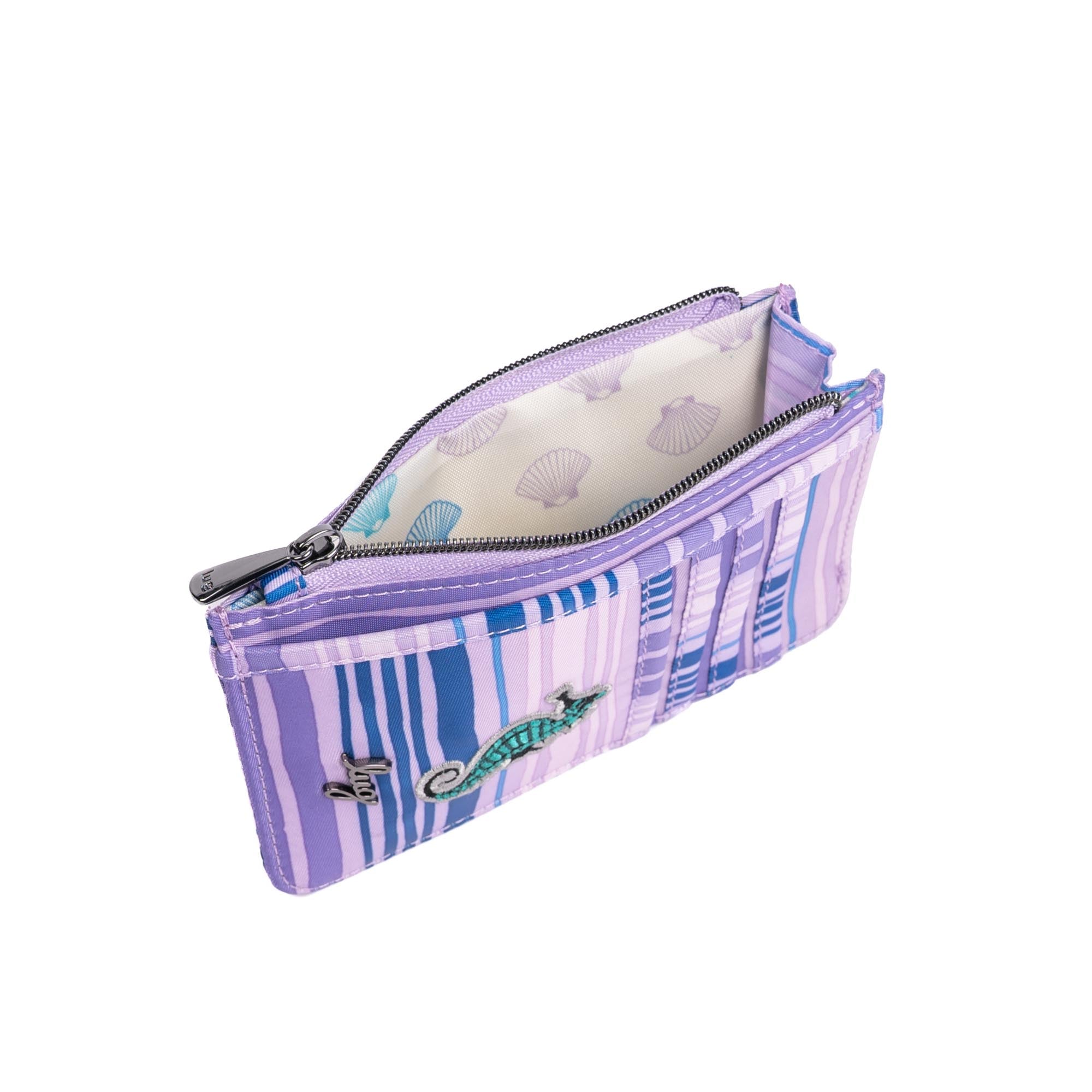 Embroidered Slide RFID Card Wallet - LOVE WAVES PURPLE - 24893_SlideEmbroidered_LoveWavesPurple_Angle_04