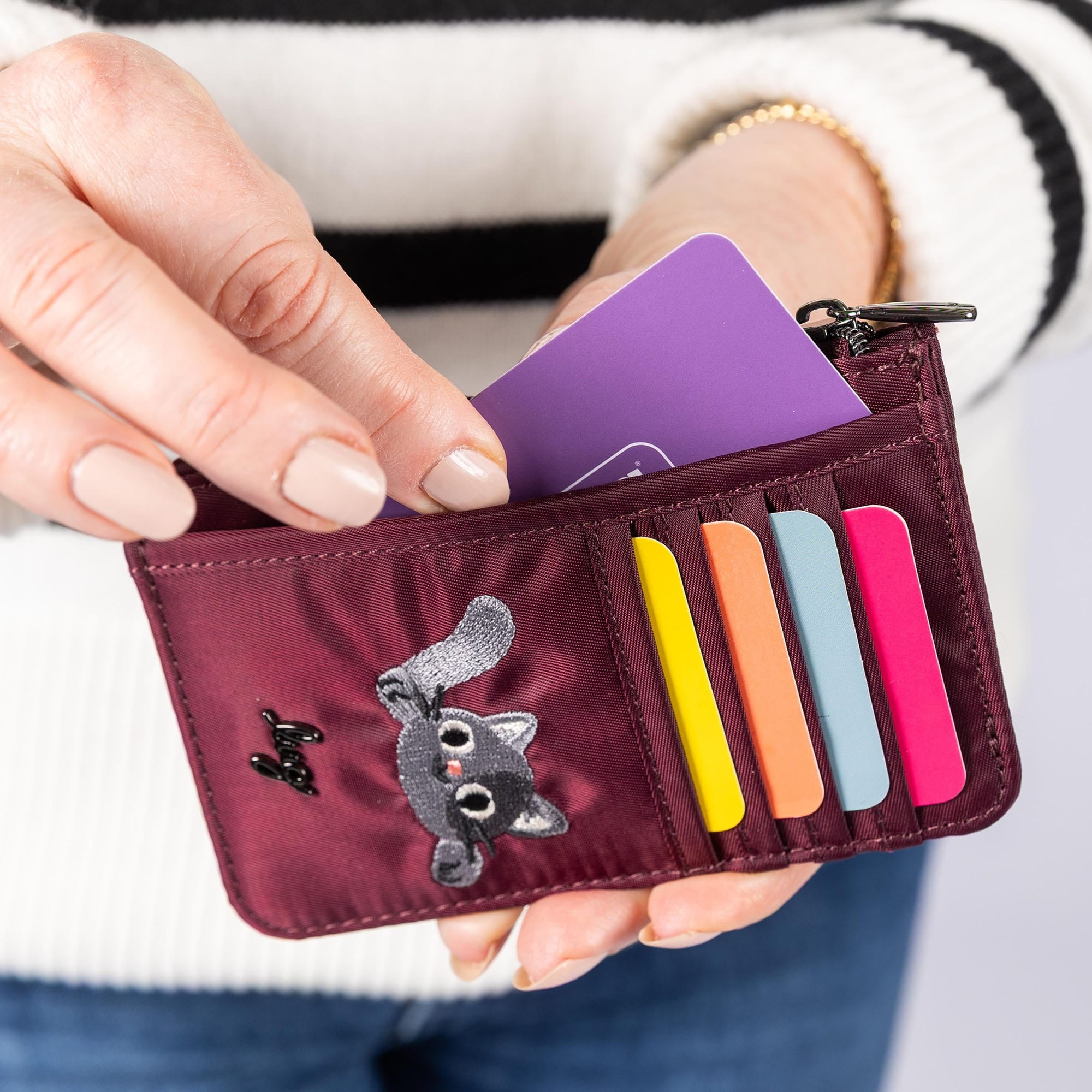 Embroidered Slide RFID Card Wallet - - 24896_SlideEmbroidered_WineRed_Lifestyle_02