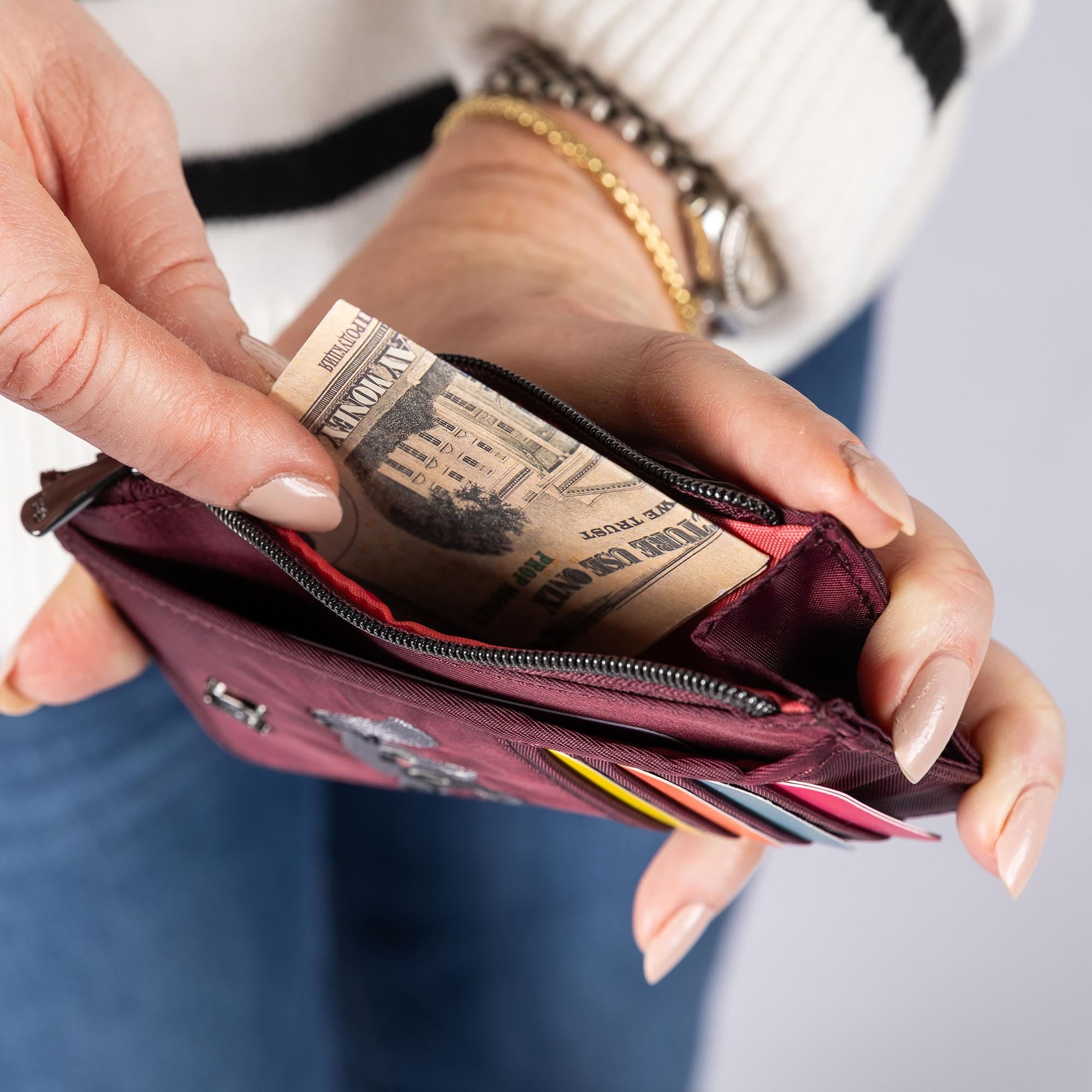 Embroidered Slide RFID Card Wallet - - 24896_SlideEmbroidered_WineRed_Lifestyle_03