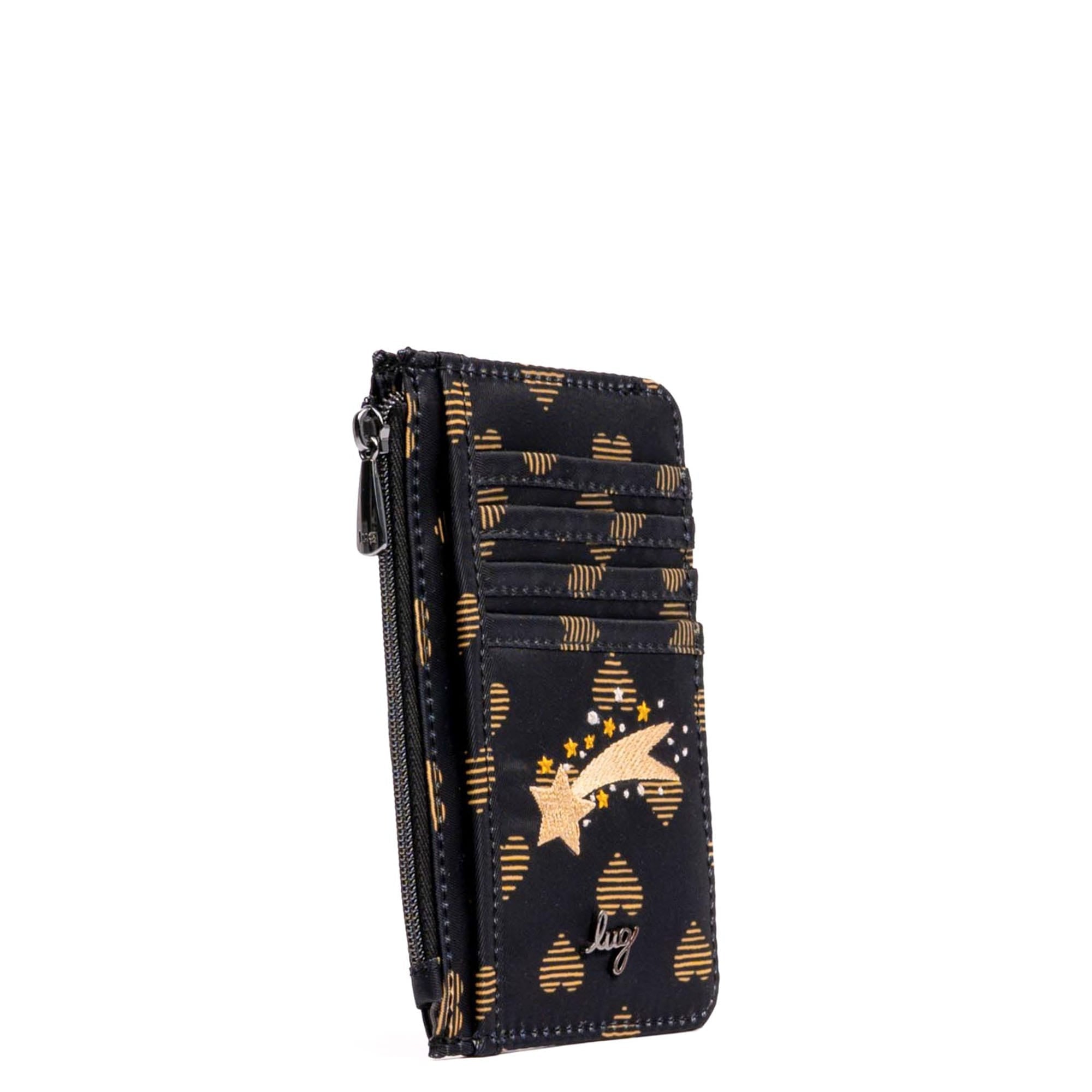 Embroidered Slide RFID Card Wallet - HEARTS OF GOLD - 24897_SlideEmbroidered_HeartsOfGold_Angle_02