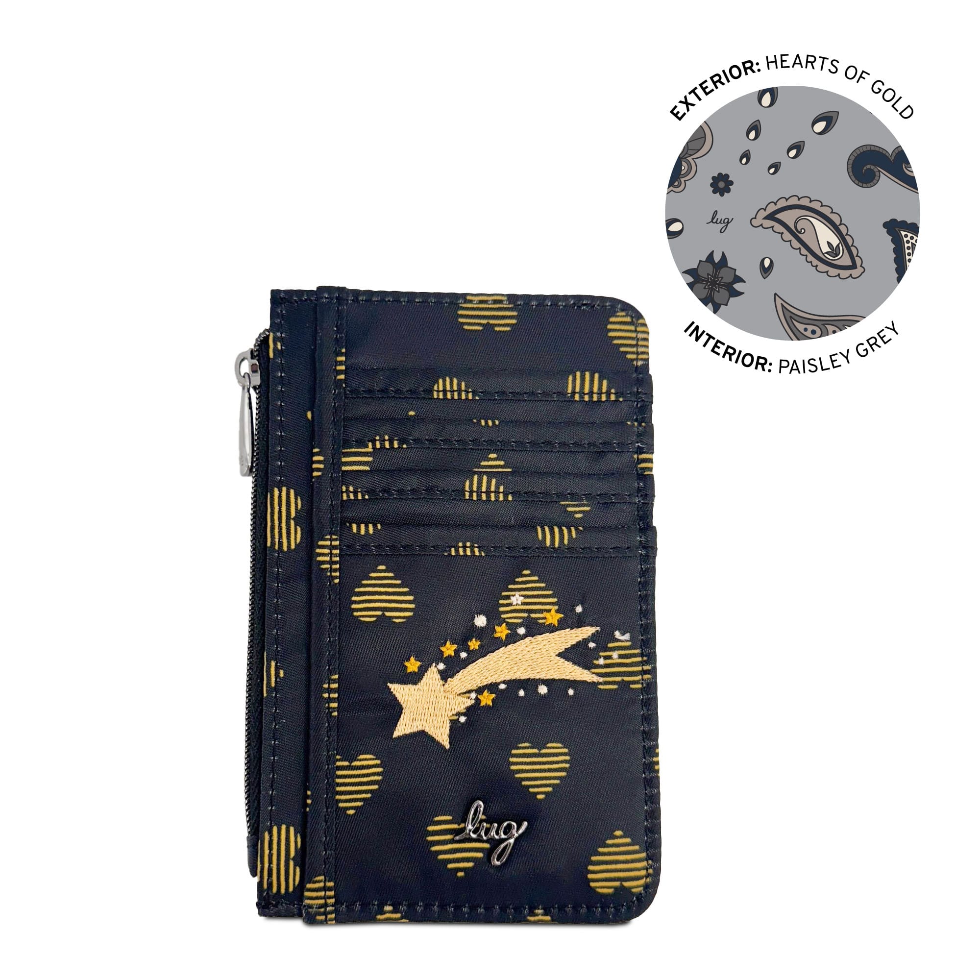 Embroidered Slide RFID Card Wallet - HEARTS OF GOLD - 24897_Slide_HeartsOfGold_Angle_01_cox08k