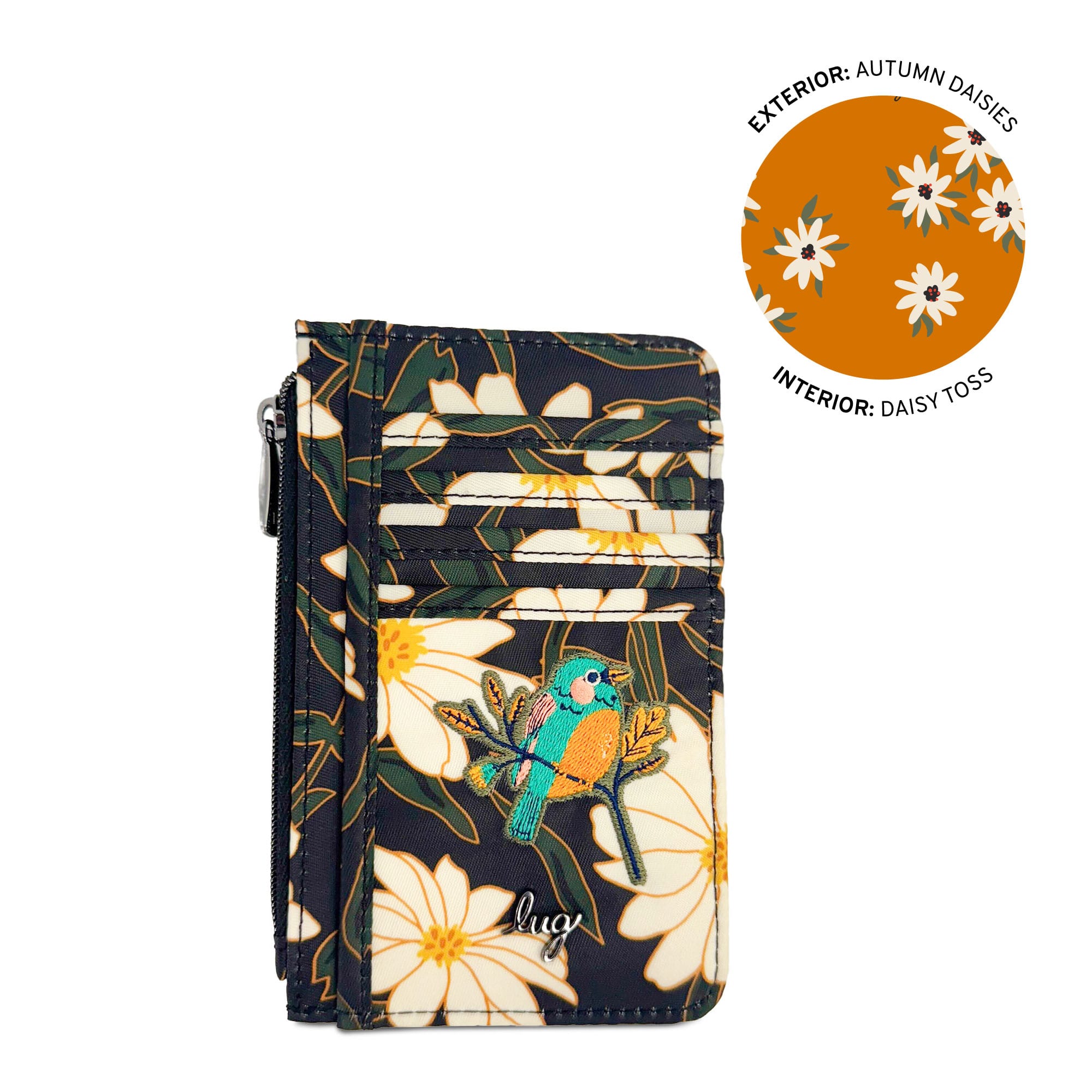 Embroidered Slide RFID Card Wallet - AUTUMN DAISIES - 24898_Slide_AutumnDaisies_Angle_01_v3ck36