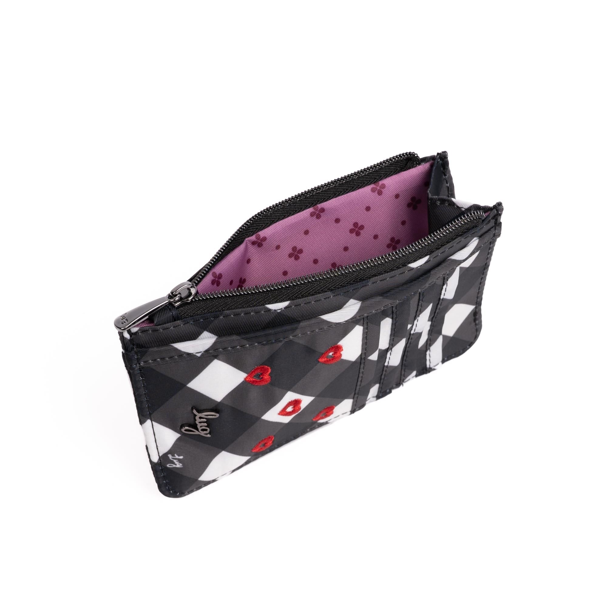 Embroidered Slide RFID Card Wallet - GINGHAM BLACK - 24899_SlideEmbroidered_GinghamBlack_Angle_04