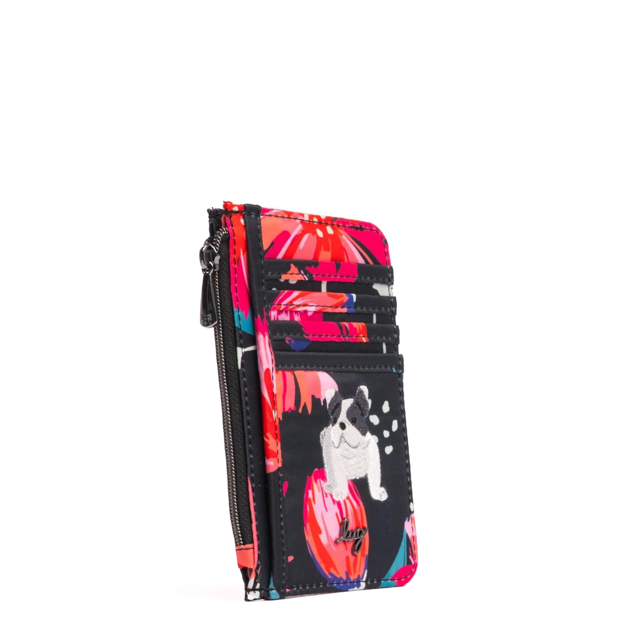 Embroidered Slide RFID Card Wallet - POMPOM FLORAL BLACK - 24901_SlideEmbroidered_PomPomBlack_Angle_02