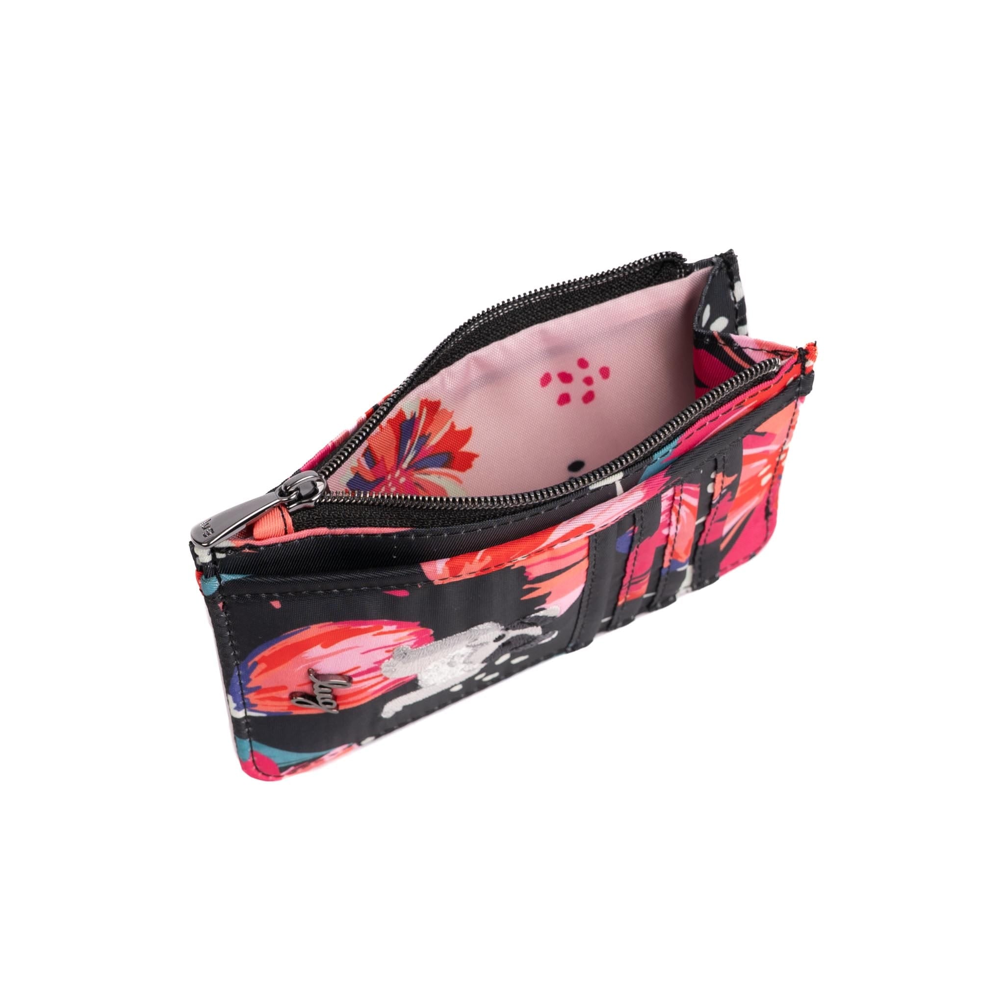 Embroidered Slide RFID Card Wallet - POMPOM FLORAL BLACK - 24901_SlideEmbroidered_PomPomBlack_Angle_04