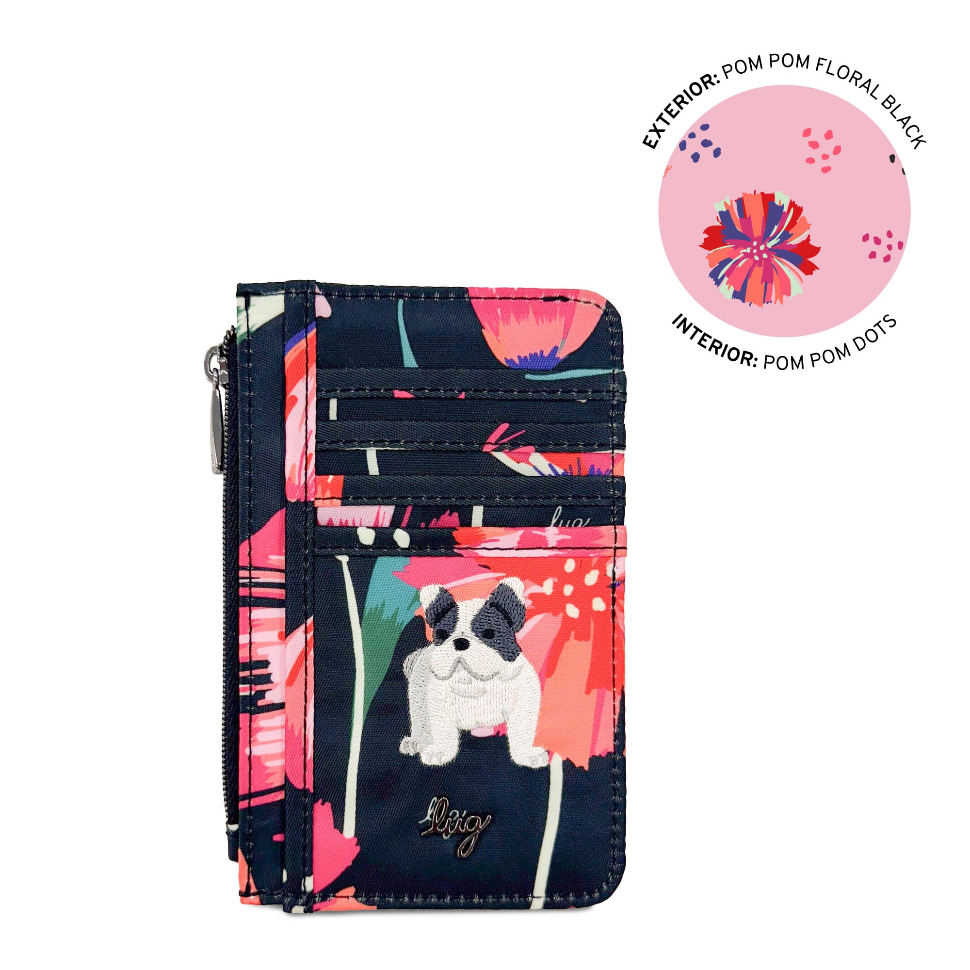 Embroidered Slide RFID Card Wallet - POMPOM FLORAL BLACK - 24901_Slide_PomPomBlack_Angle_01_vjqrrx