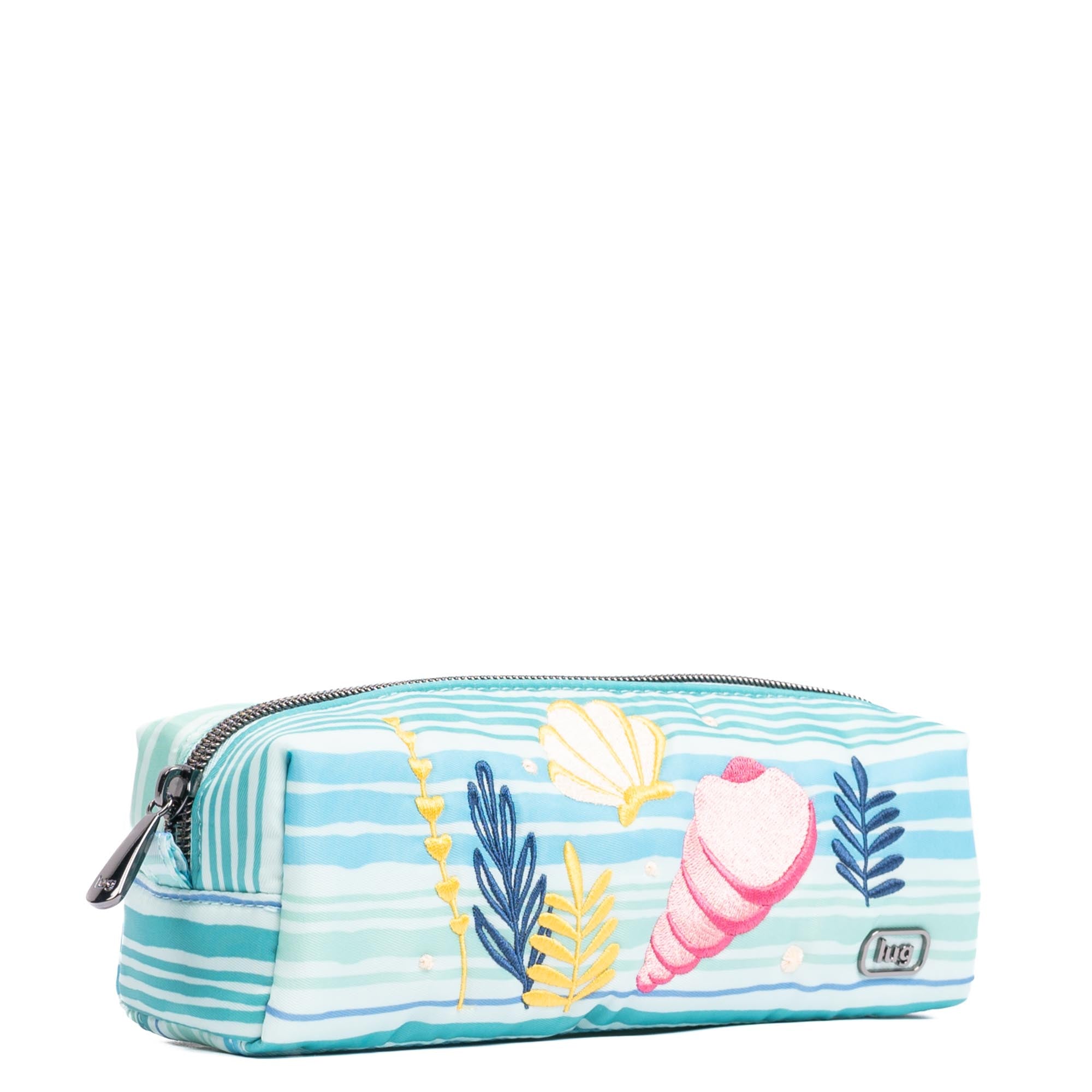 Aqua embroidered Jib Zip Pouch by Lug featuring colorful wave embroidery, compact accessory with zipper closure.