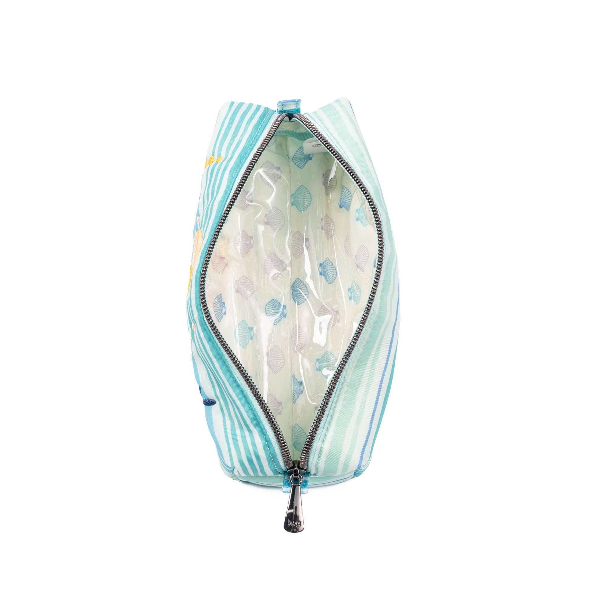 Lug embroidered Jib zip pouch with love waves aqua design, accessory bag featuring colorful wave embroidery on fabric.