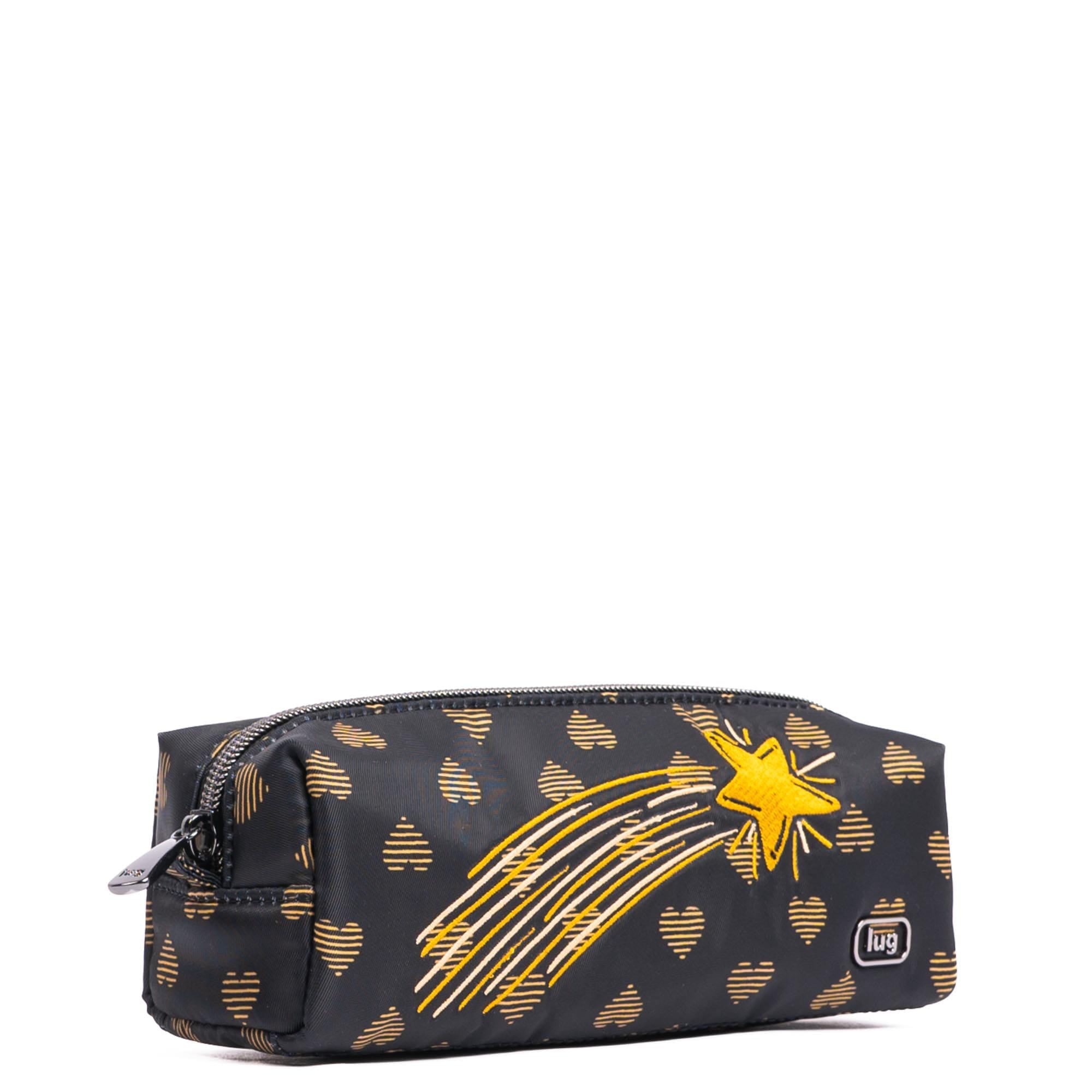 Lug embroidered Jib zip pouch with heart design, compact accessory bag in soft fabric with colorful embroidery details.