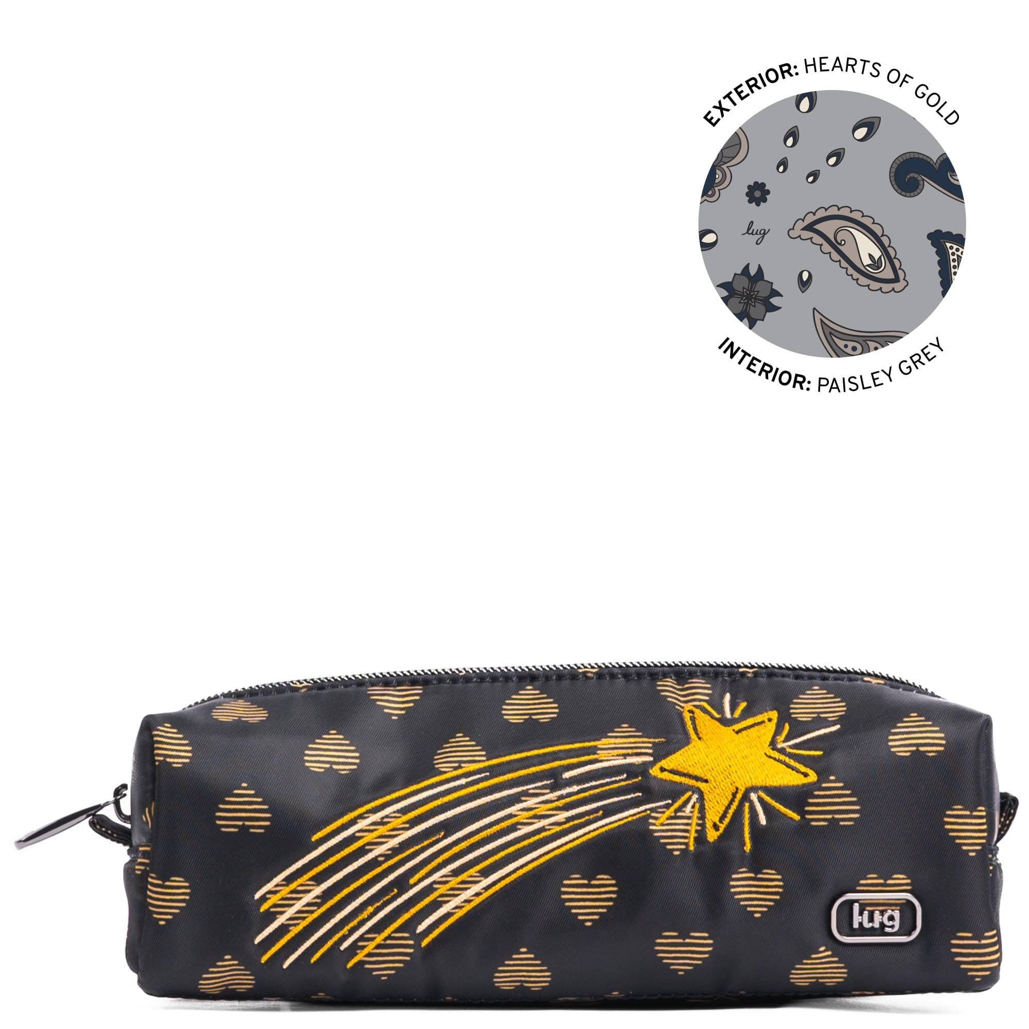 Lug embroidered Jib zip pouch accessory featuring gold heart embroidery, compact design, and vibrant fabric detail.