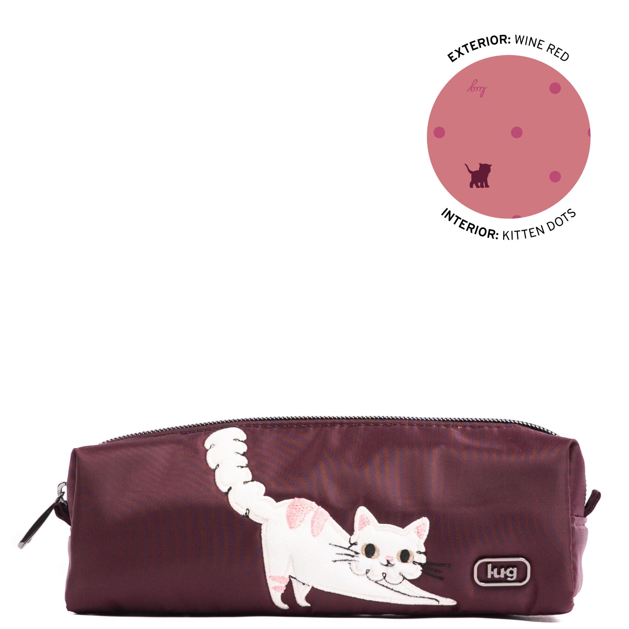 Lug embroidered Jib zip pouch in wine red with stylish embroidered design, shown from an angled view.