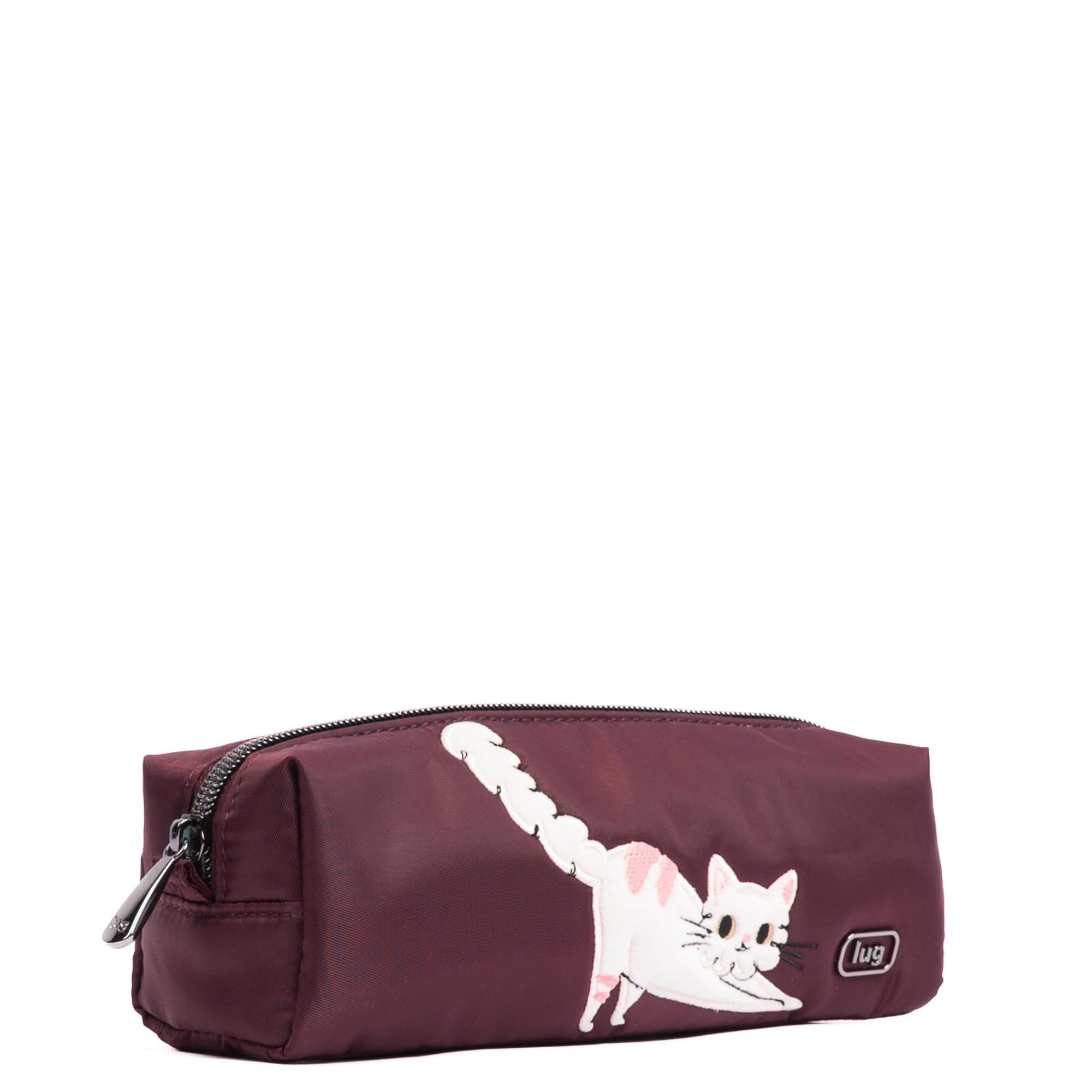 Lug embroidered Jib zip pouch in wine red with detailed stitching, featuring a sleek, compact accessory design.