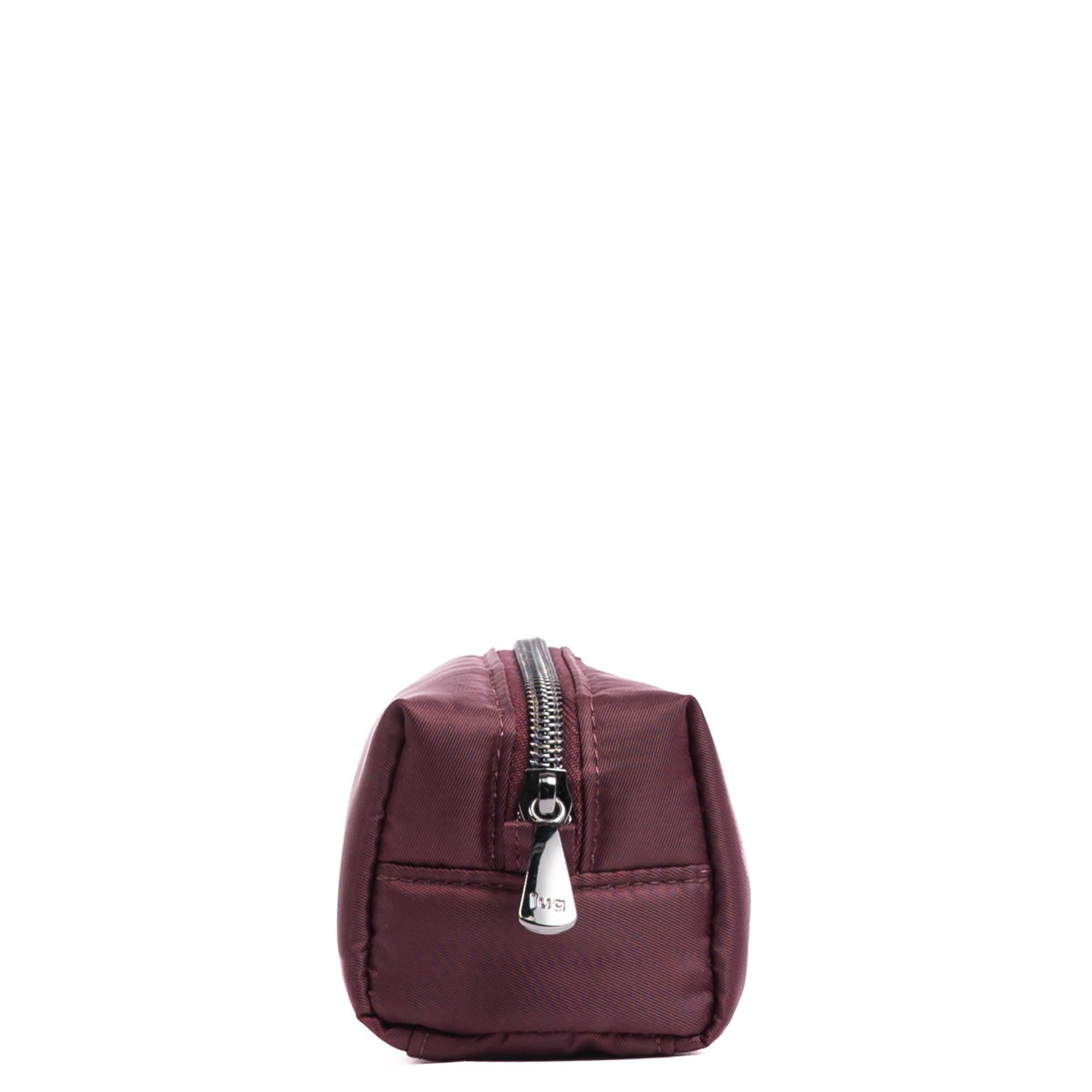 Lug embroidered Jib zip pouch in wine red with embroidered detail, showcasing a compact accessory bag with zipper closure.