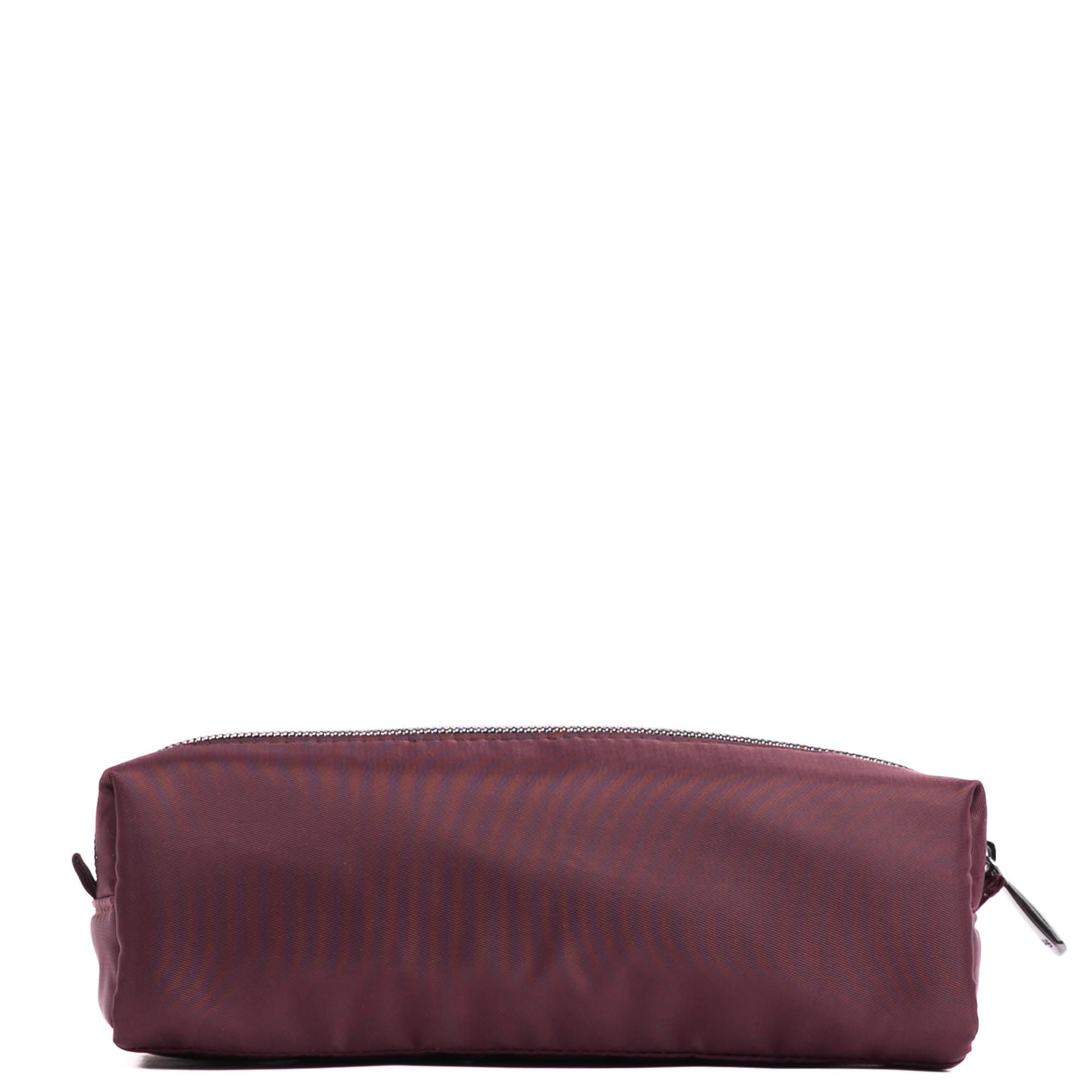 Lug embroidered Jib zip pouch in wine red with decorative embroidery, showcasing its compact accessory design and textured matte finish.