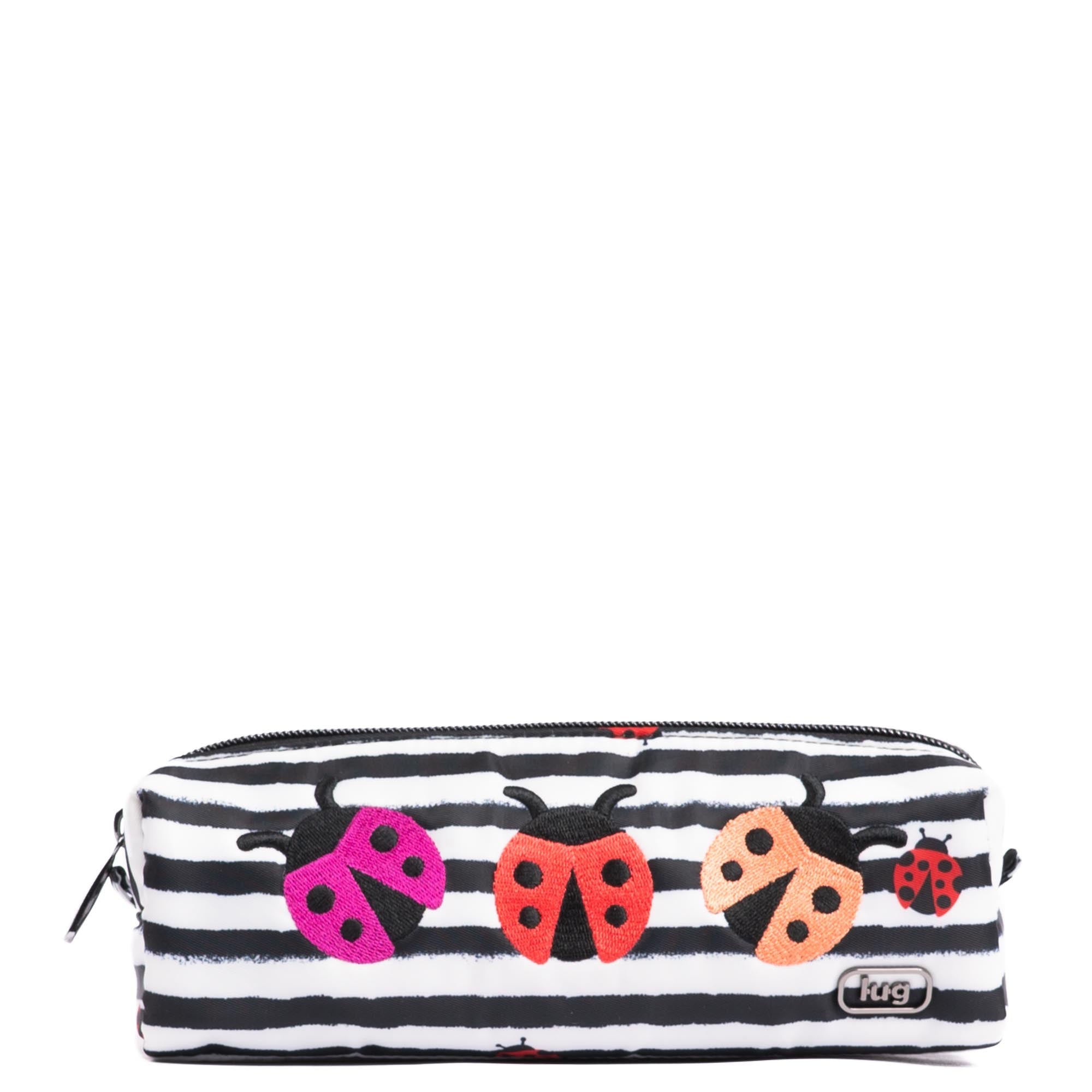 Lug embroidered Jib zip pouch featuring a ladybug design, compact accessory with colorful embroidery on fabric.