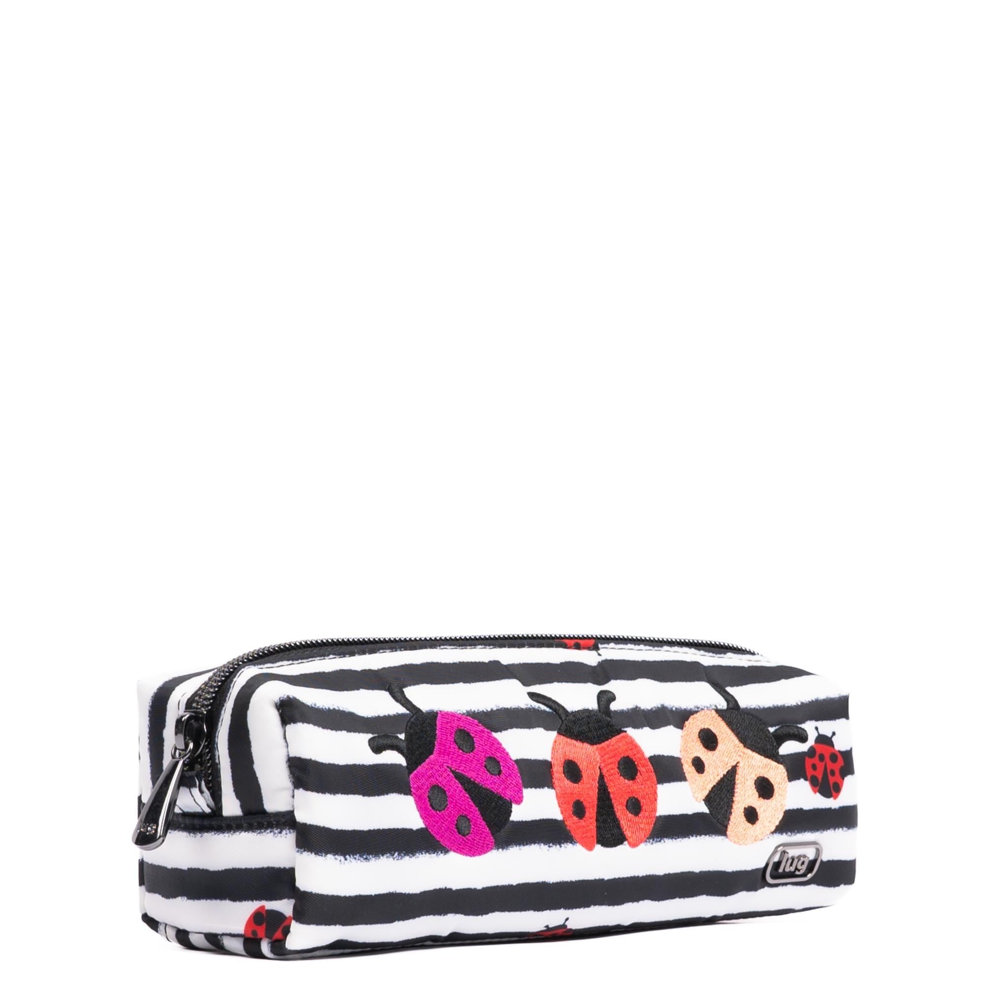 Lug embroidered Jib zip pouch featuring a ladybug design, compact accessory with colorful embroidery on durable fabric.