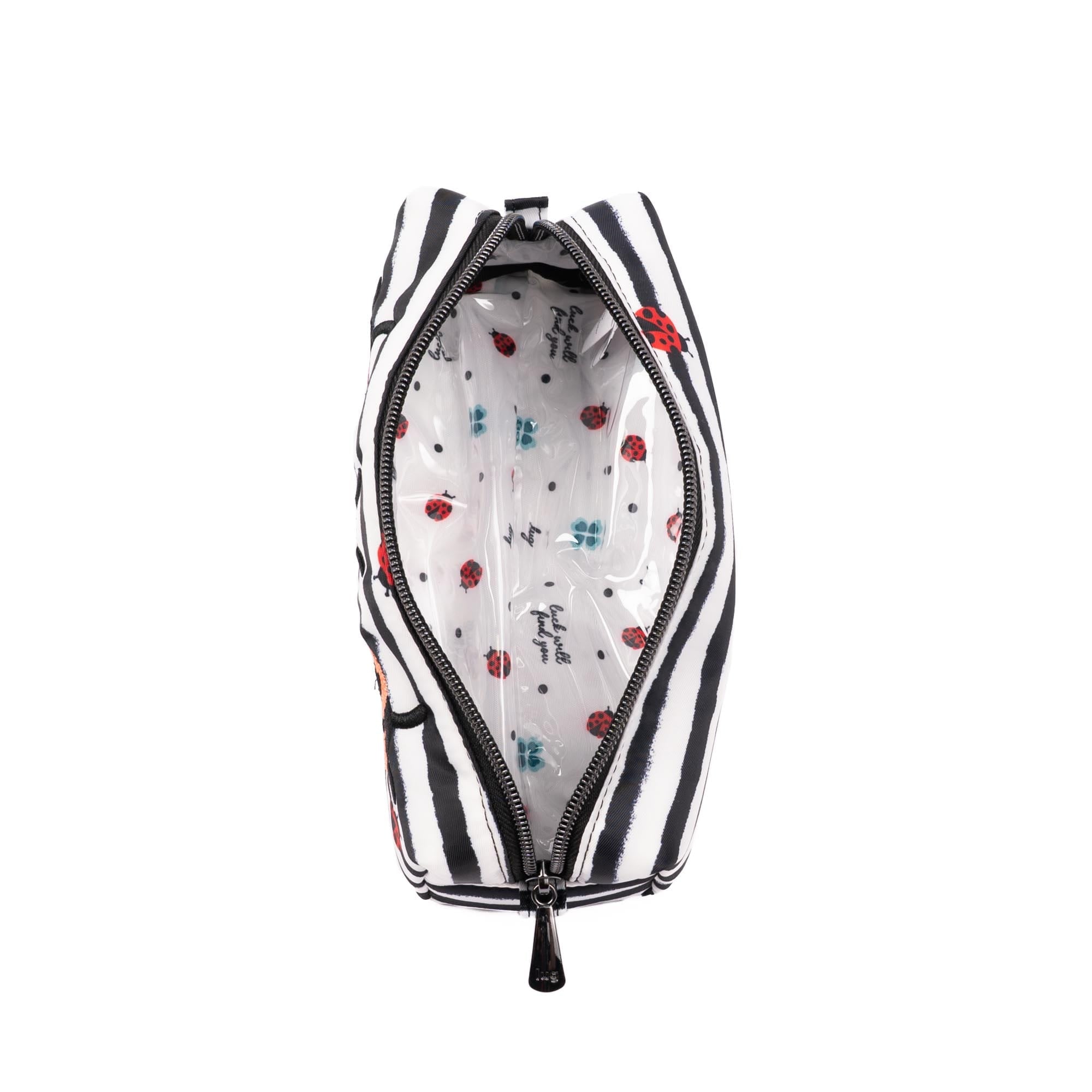 Lug embroidered Jib zip pouch featuring a ladybug design, compact accessory bag with colorful embroidery and a zipper closure.