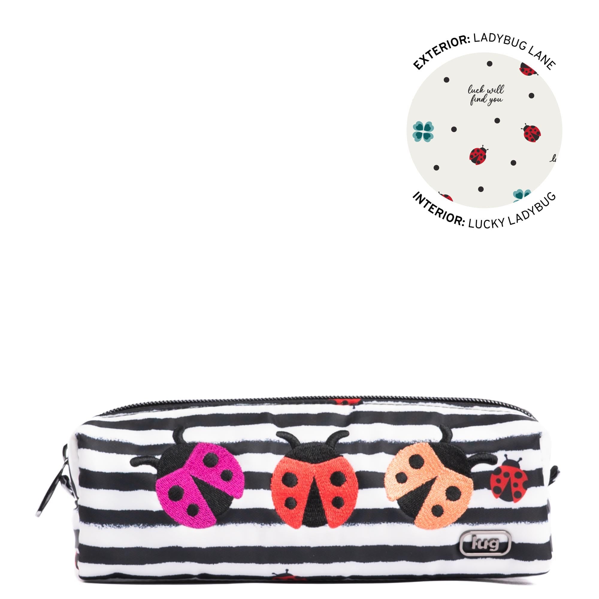 Lug embroidered Jib zip pouch featuring a ladybug and floral embroidery, accessory with colorful design and zip closure.