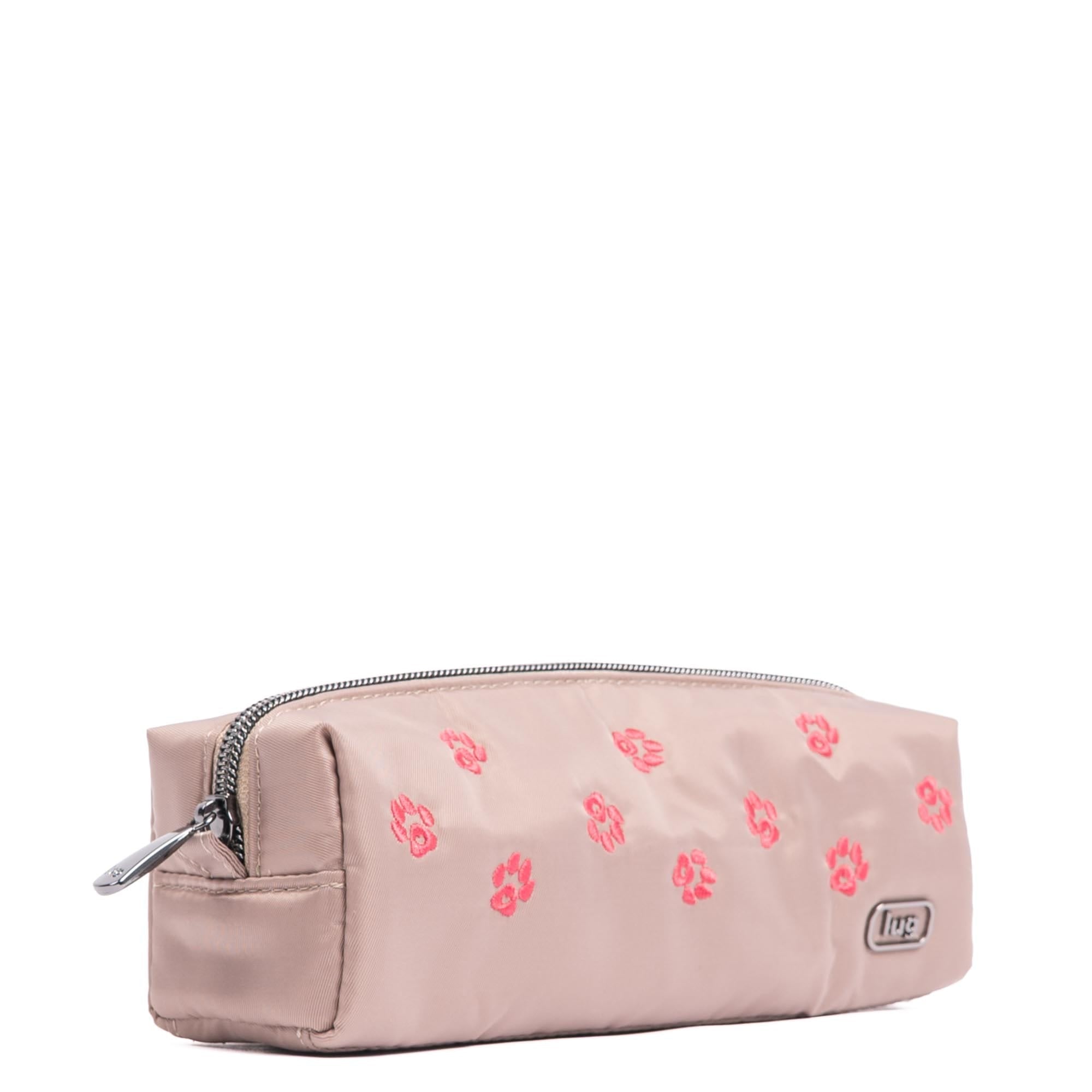 Lug embroidered Jib zip pouch in sand taupe, featuring detailed embroidery and compact accessory design, viewed from an angled side.