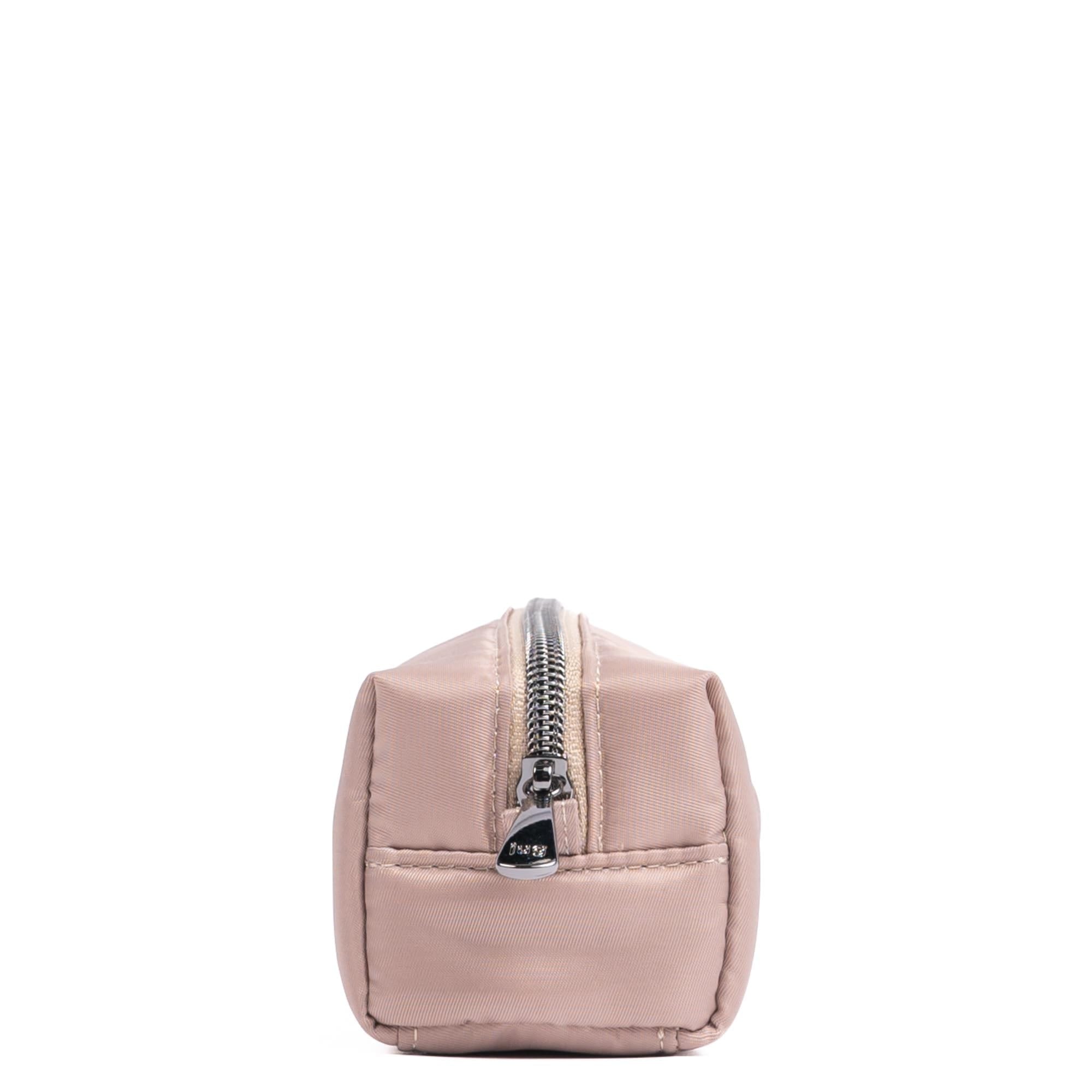 Embroidered Lug Jib zip pouch in sand taupe fabric with colorful embroidered design, accessory for organization and style.
