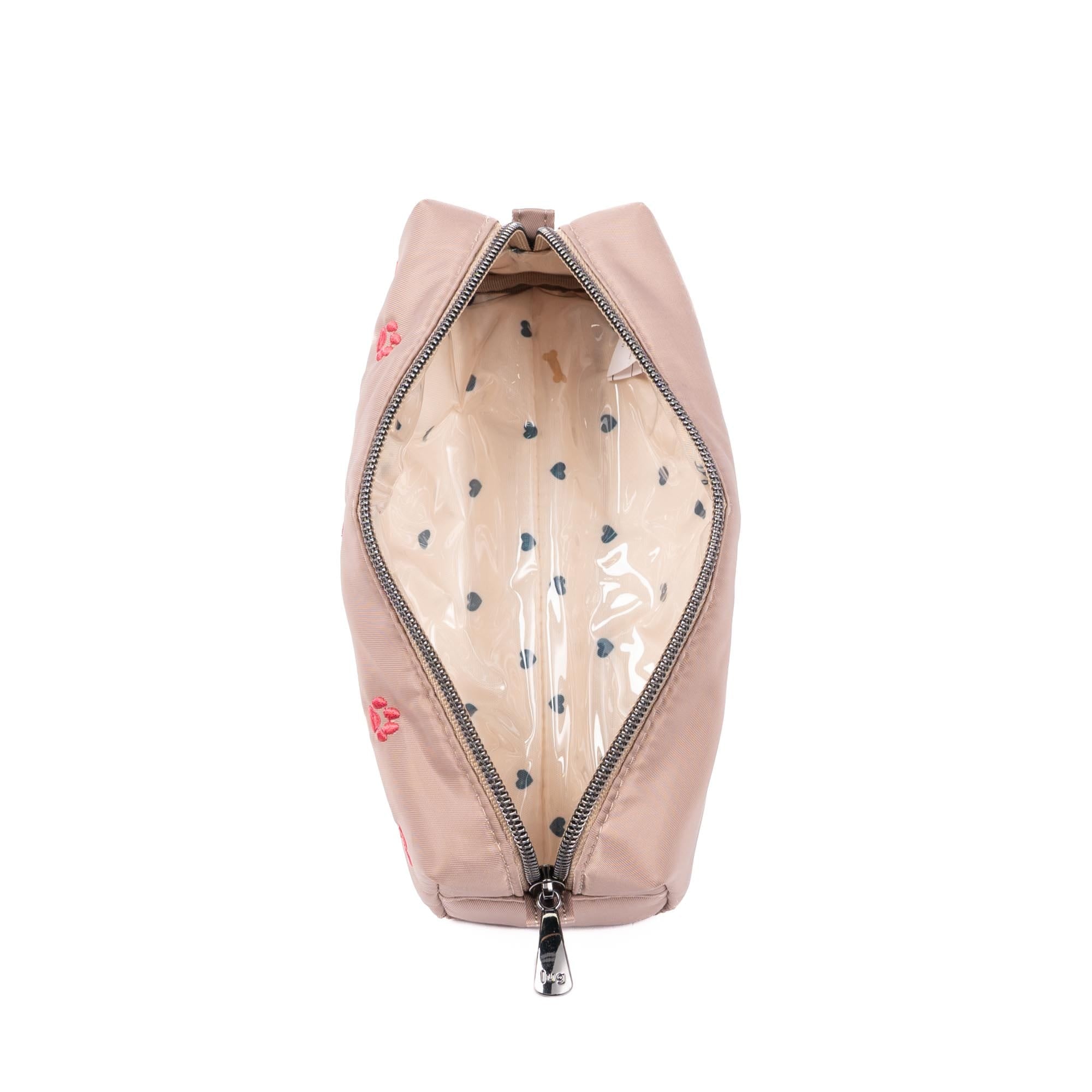 Lug embroidered Jib zip pouch in sand taupe with colorful embroidery, accessory with a zipper closure and compact design.