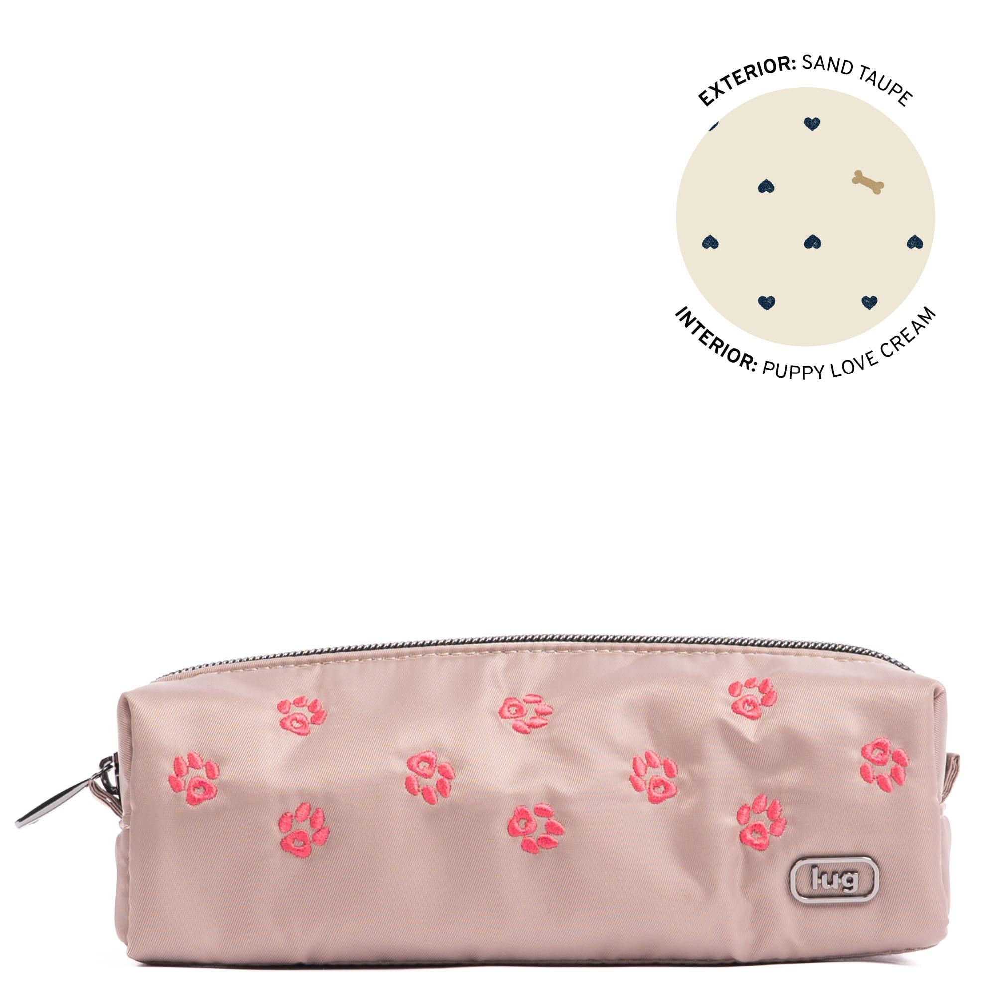 Lug embroidered Jib zip pouch in sand taupe fabric, stylish accessory with embroidered detail, angled view showing zipper closure.