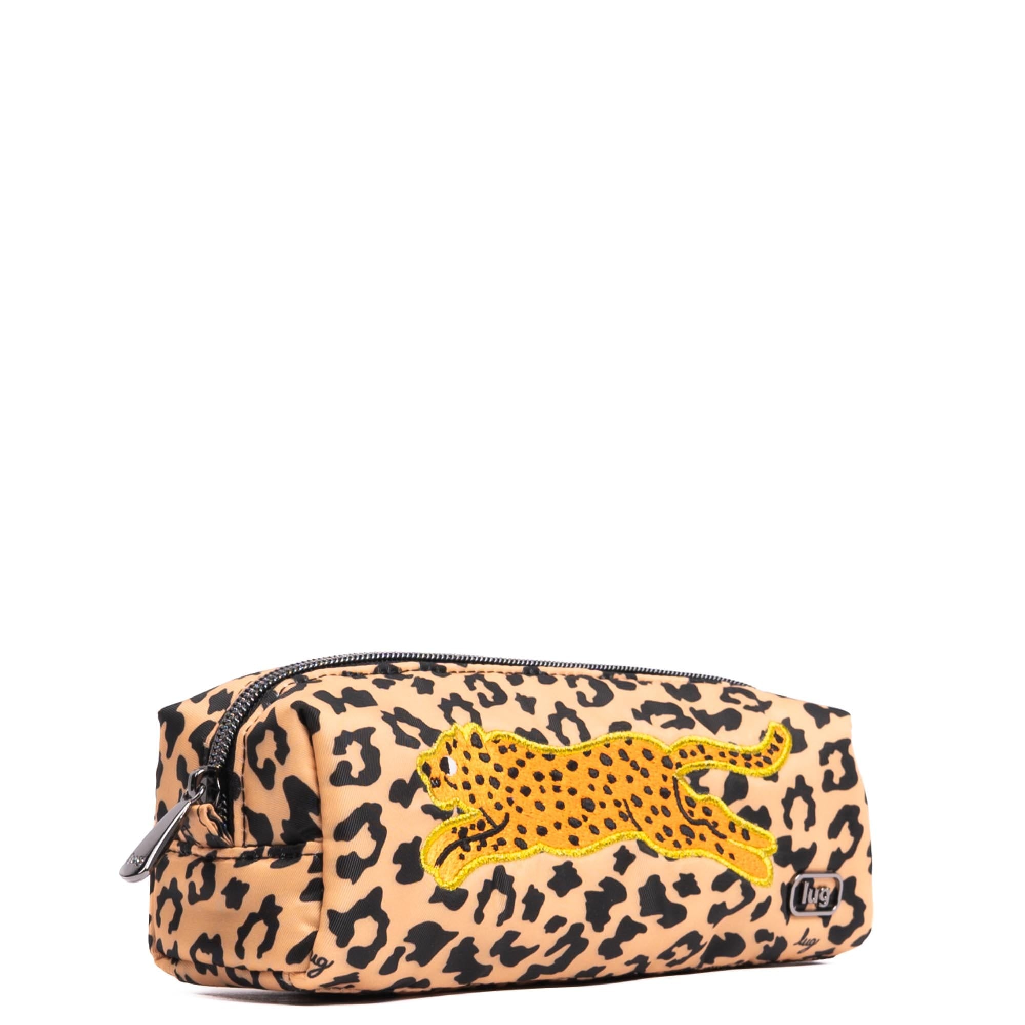 Lug embroidered Jib zip pouch with spotted leopard design, accessory bag with colorful embroidered details.