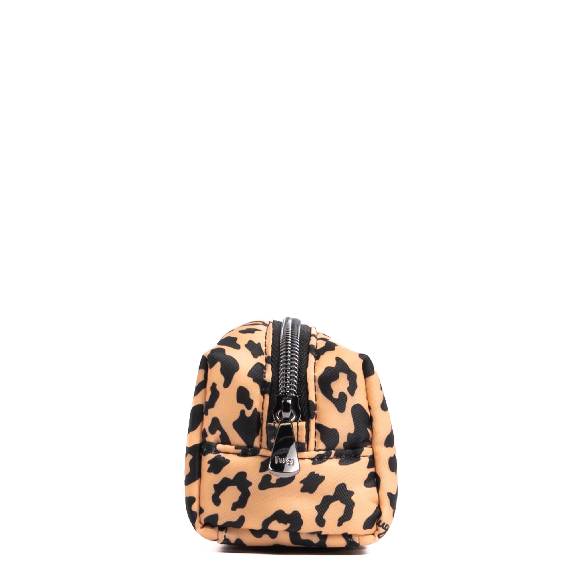 Lug embroidered jib zip pouch featuring spotted leopard design, compact accessory with colorful embroidery and zip closure.