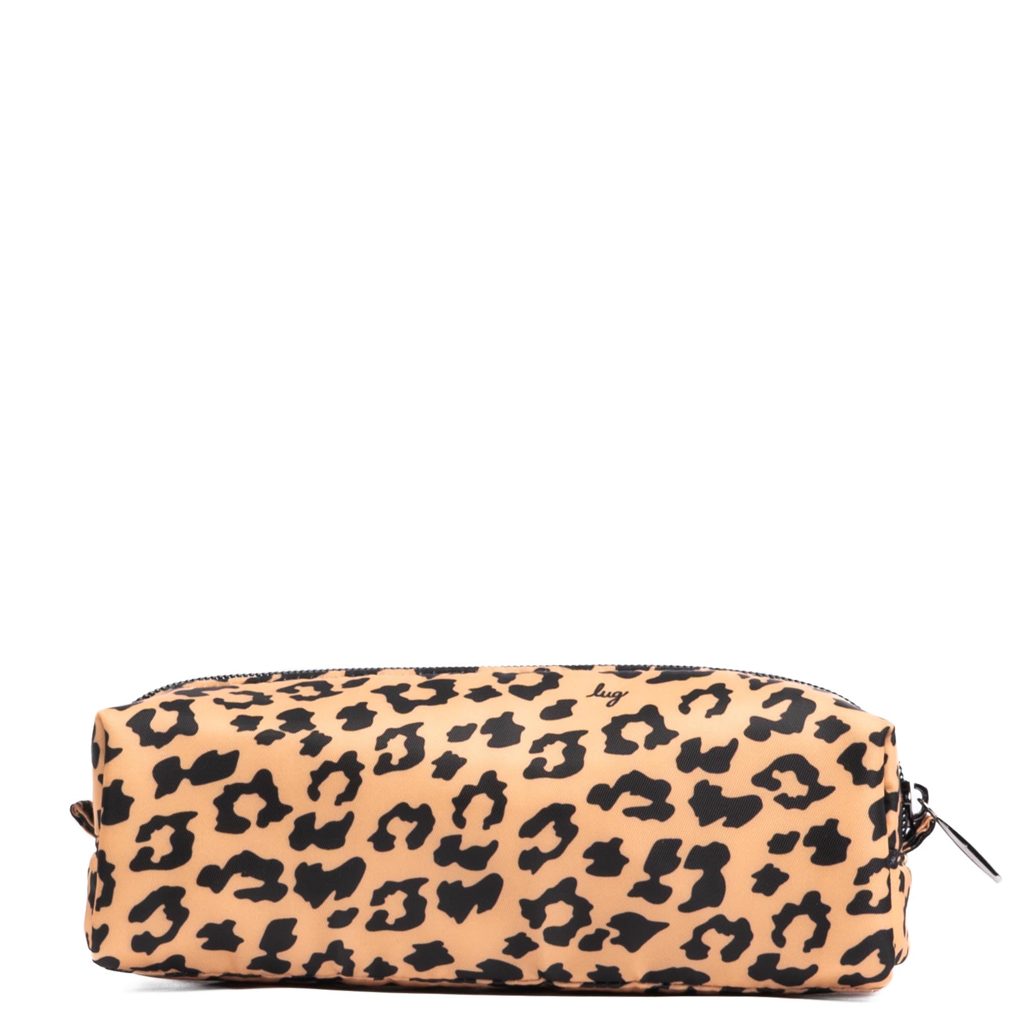 Lug embroidered Jib zip pouch with spotted leopard pattern, accessory bag featuring colorful embroidery and compact design.