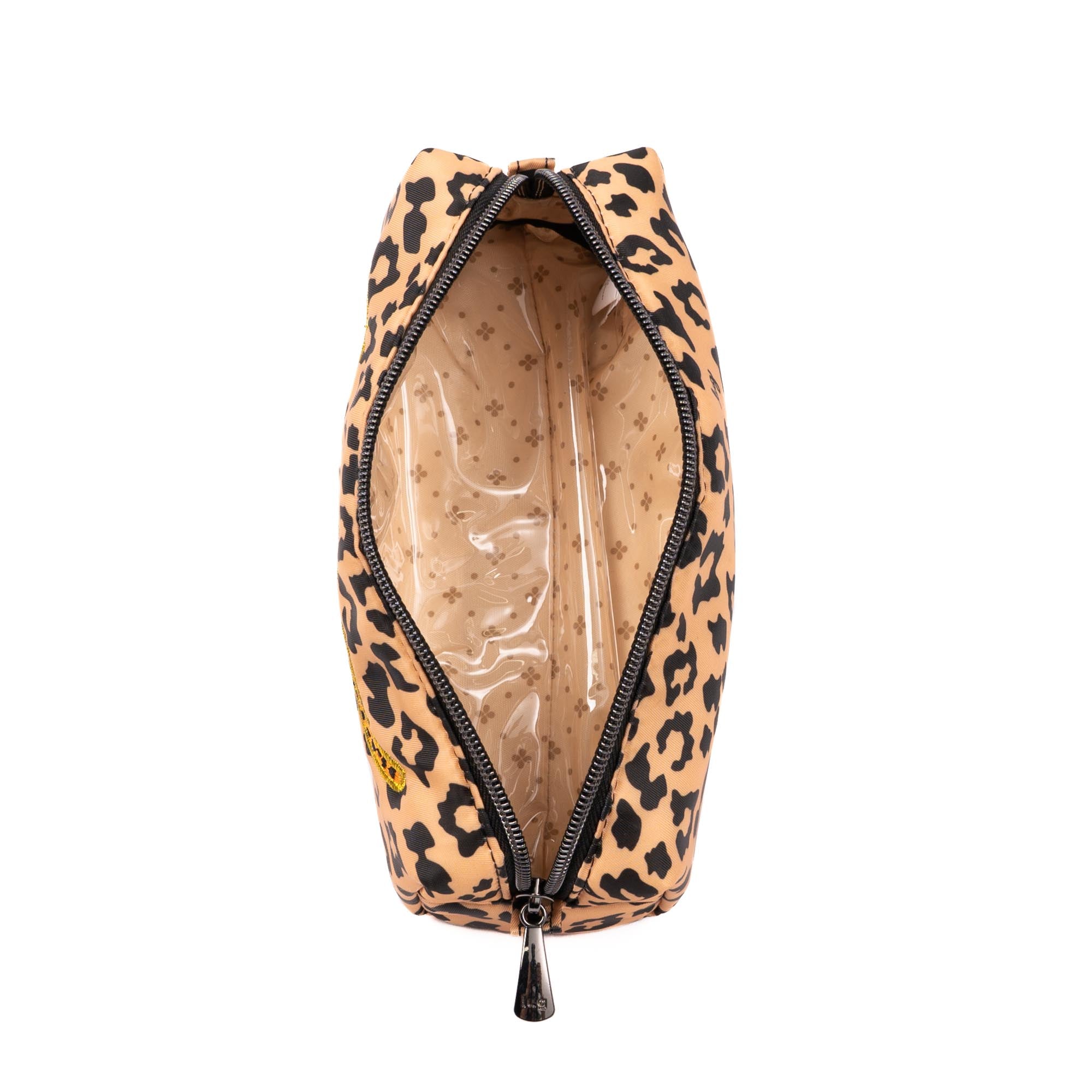 Lug embroidered Jib zip pouch featuring a spotted leopard design, accessory with colorful embroidered details.