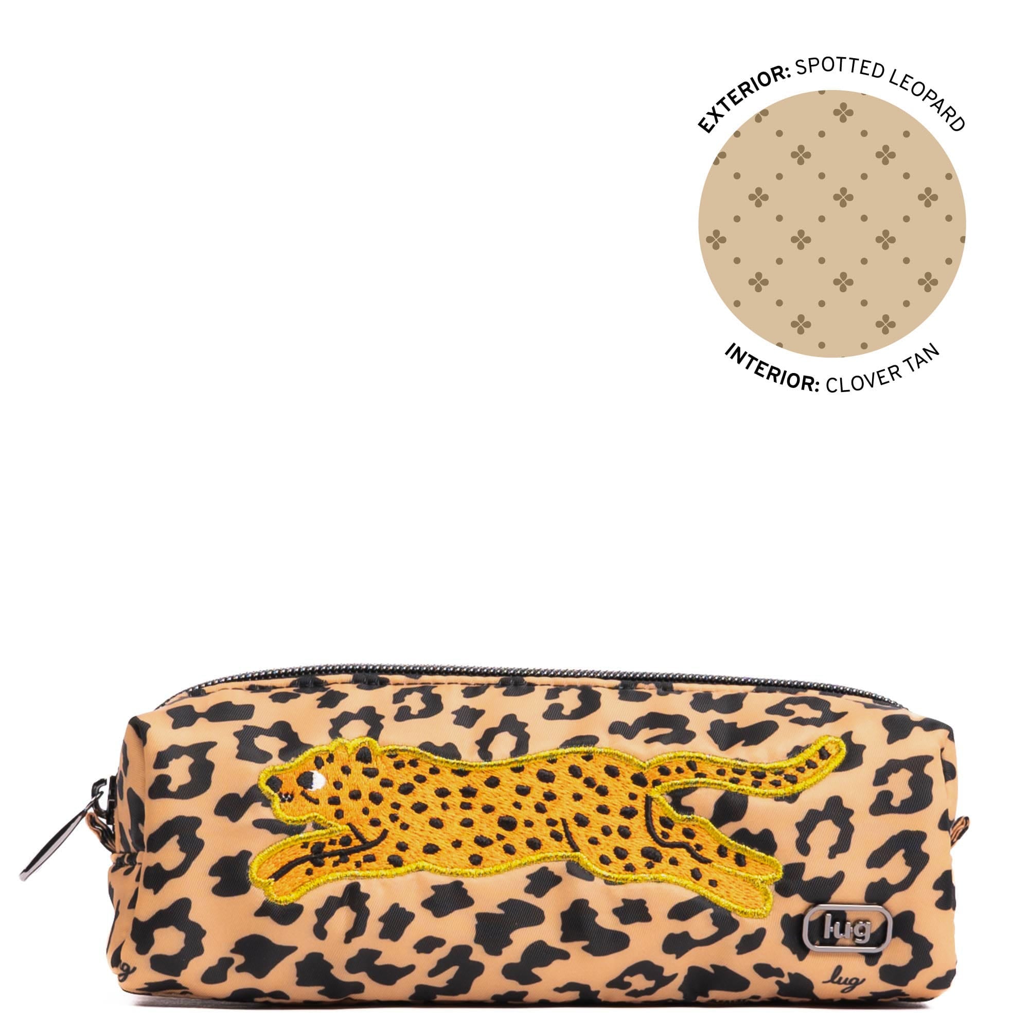 Lug embroidered Jib zip pouch featuring spotted leopard design, accessory pouch with colorful embroidered details.