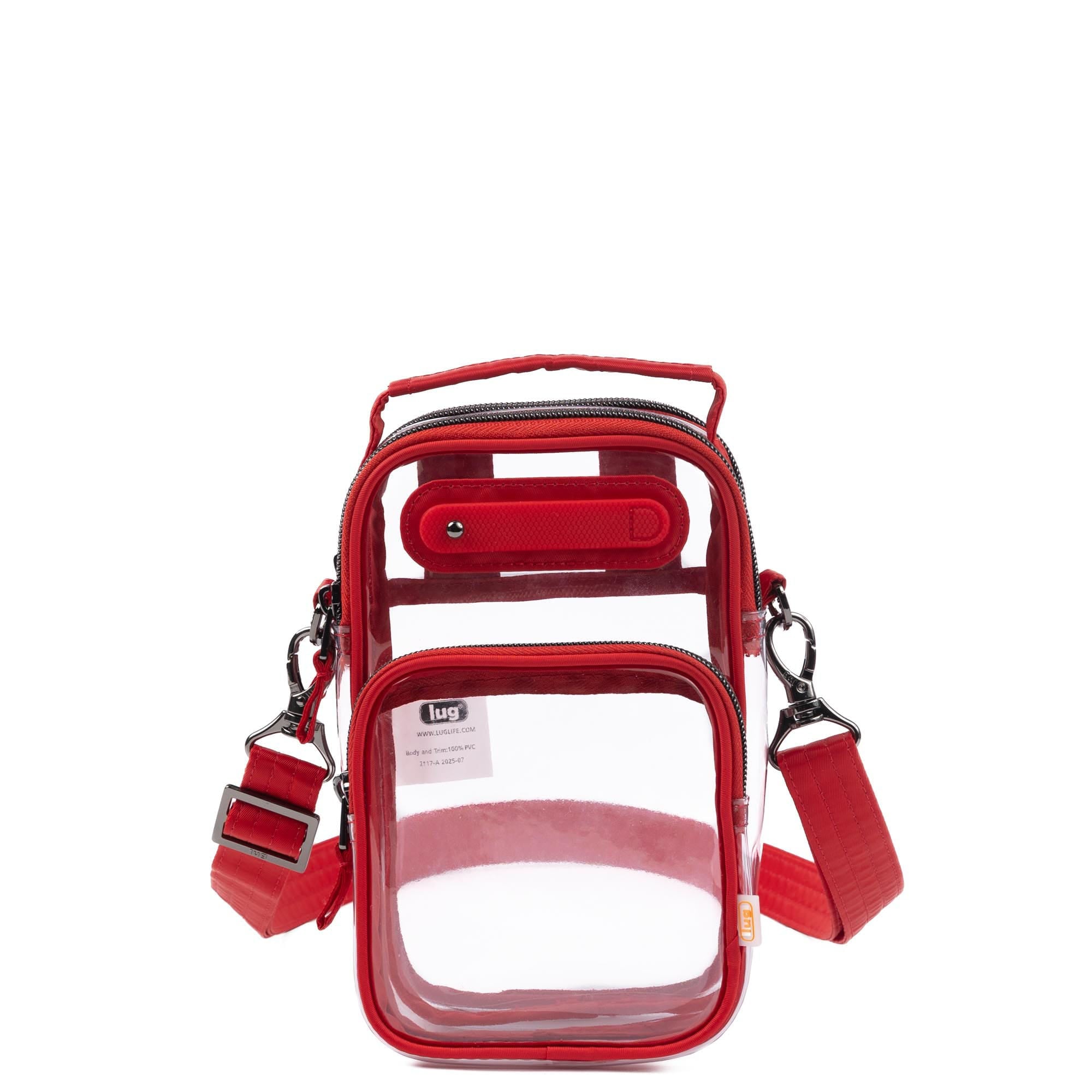 Lug Skeeter Mini Clearview Convertible Crossbody bag in bright red with clear window and adjustable strap, shown from an angled side view.