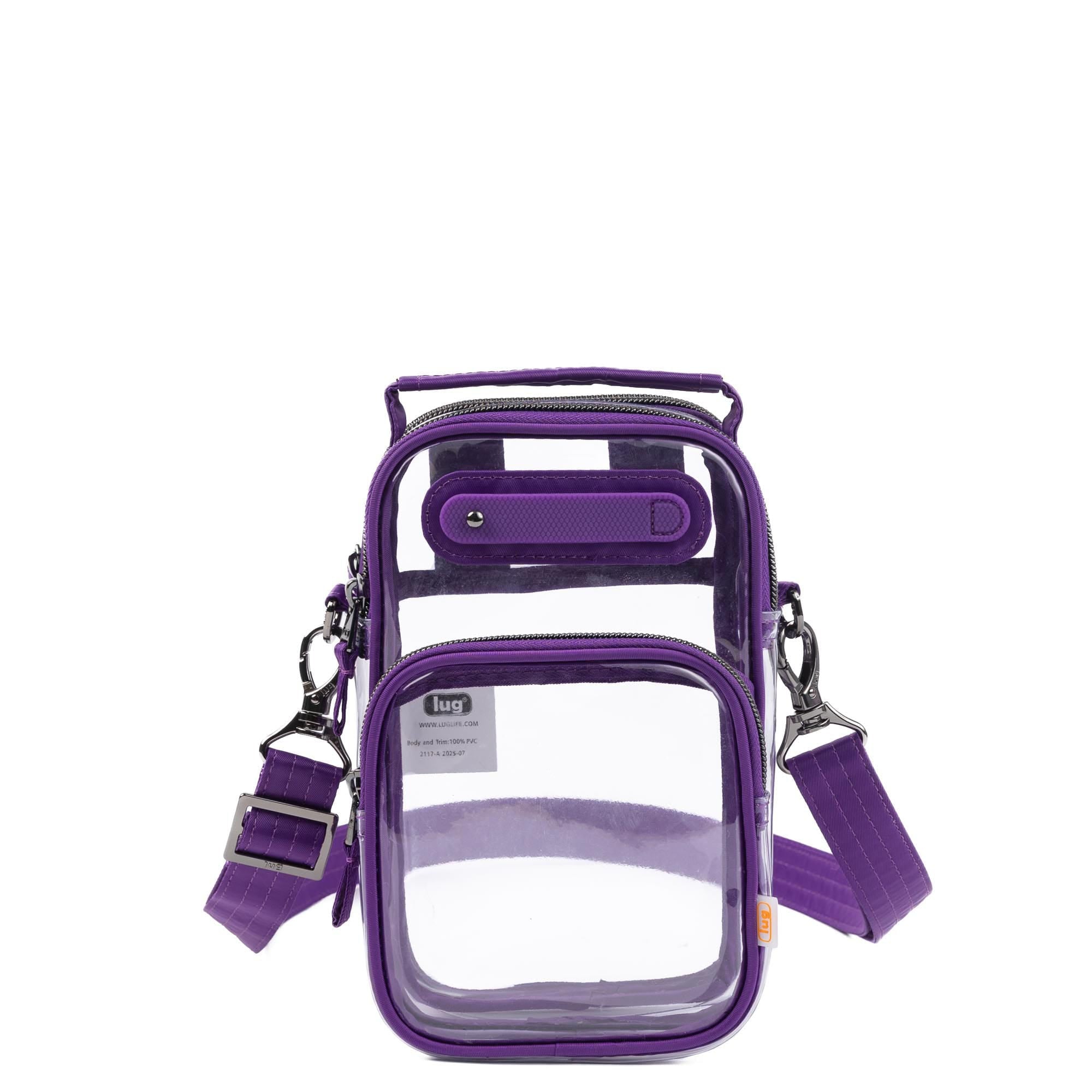 Lug Skeeter Mini Clearview convertible crossbody bag in grape purple, showing the compact design and adjustable strap from an angle.
