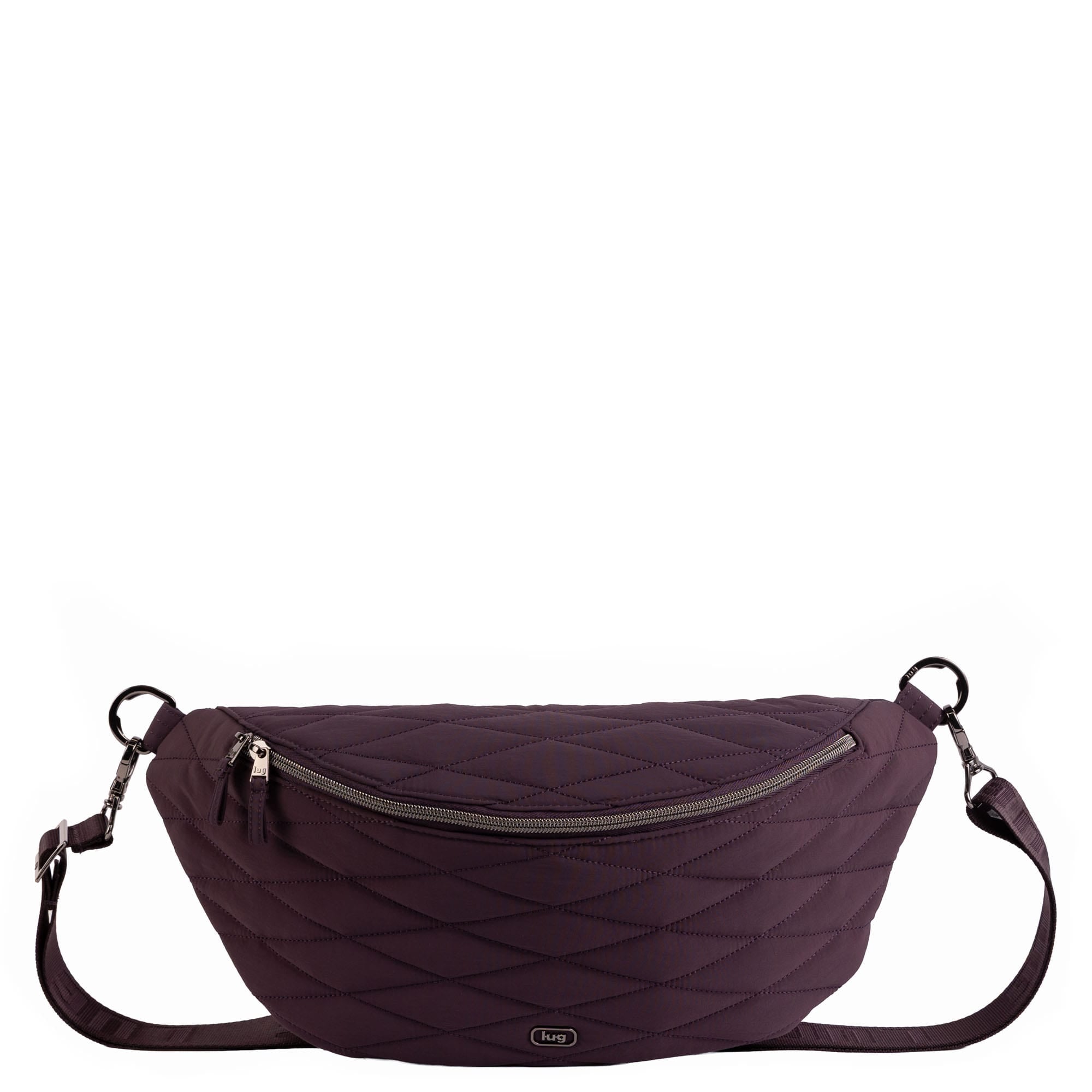 Lug Bemo CloudGo sling bag in plum color, crossbody style with adjustable strap and exterior zip pocket, angled view.