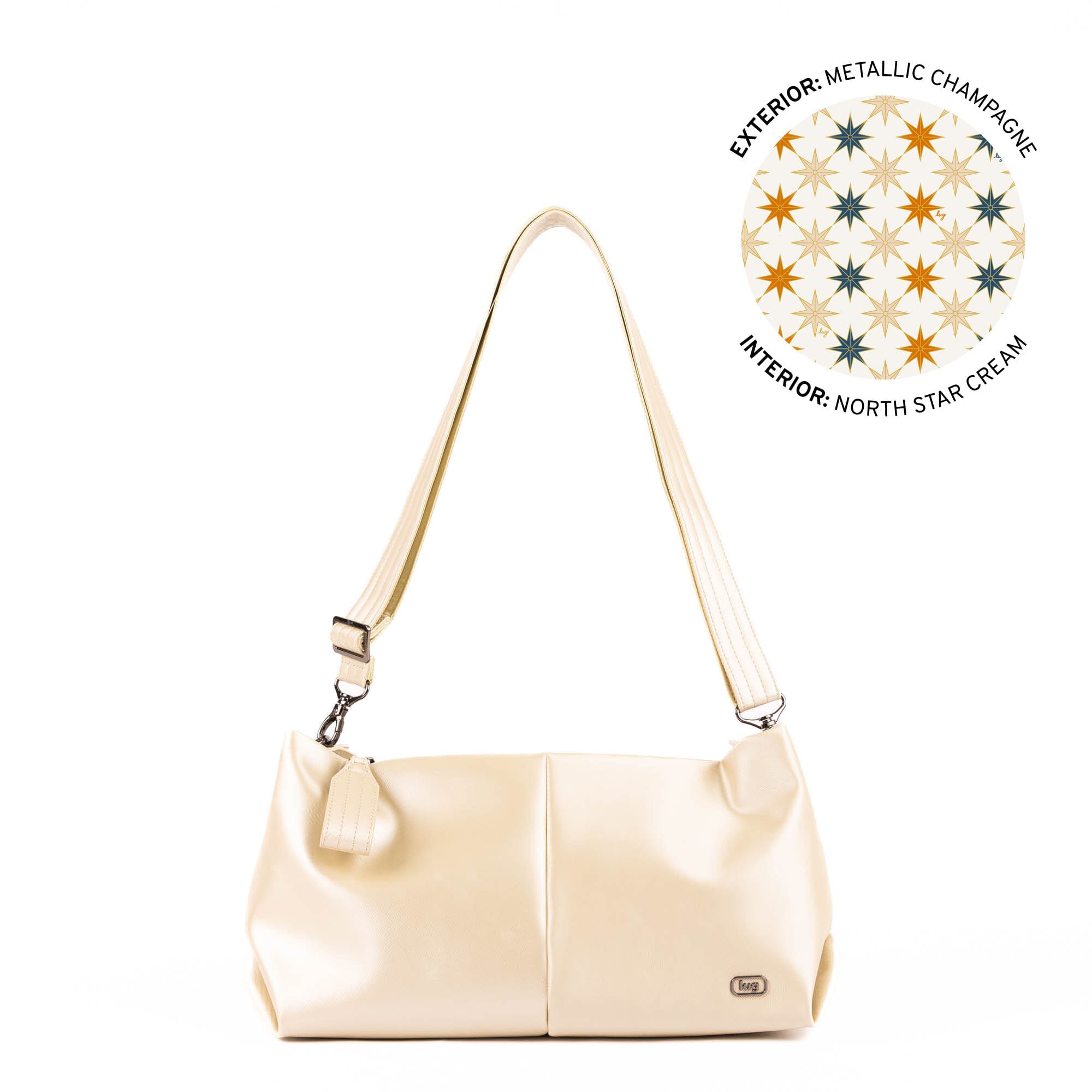 Lug Half Plunge Satin Luxe VL crossbody bag in metallic champagne with sleek strap and modern design.