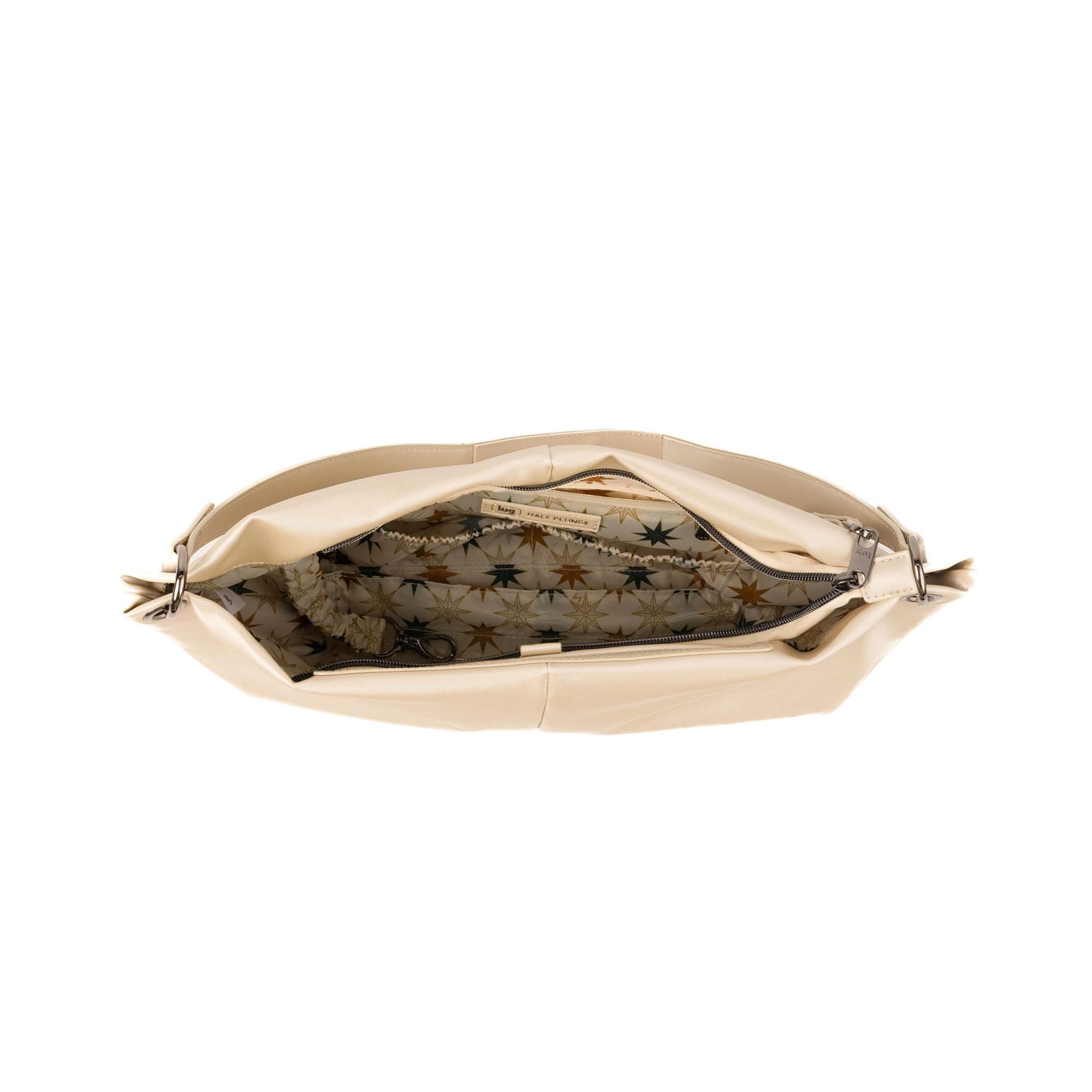 Lug Half Plunge Satin Luxe VL Crossbody Bag in metallic champagne with sleek design and gold-tone hardware.