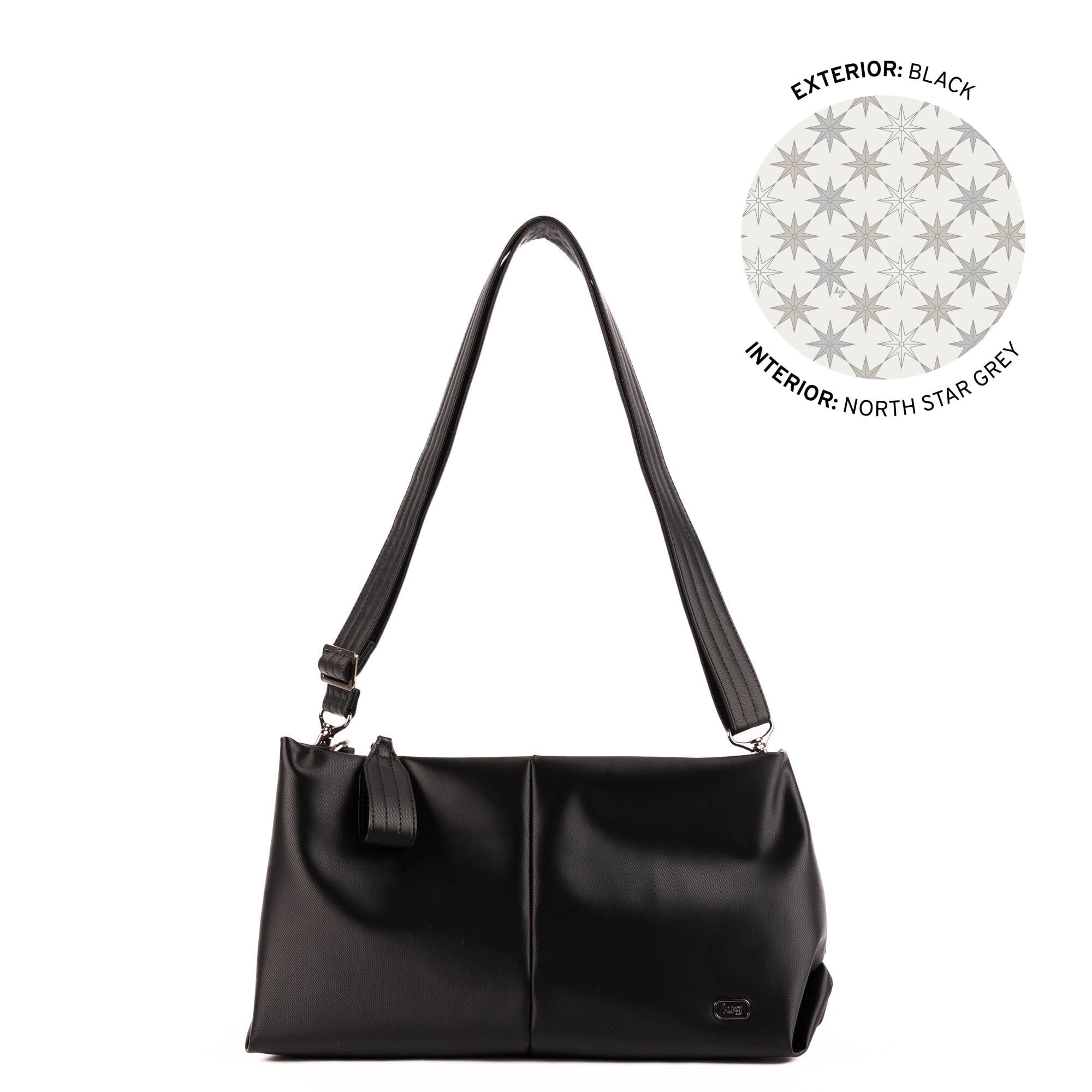 Black Lug Half Plunge Satin Luxe VL Crossbody Bag with sleek design and adjustable strap, stylish accessory for everyday wear.