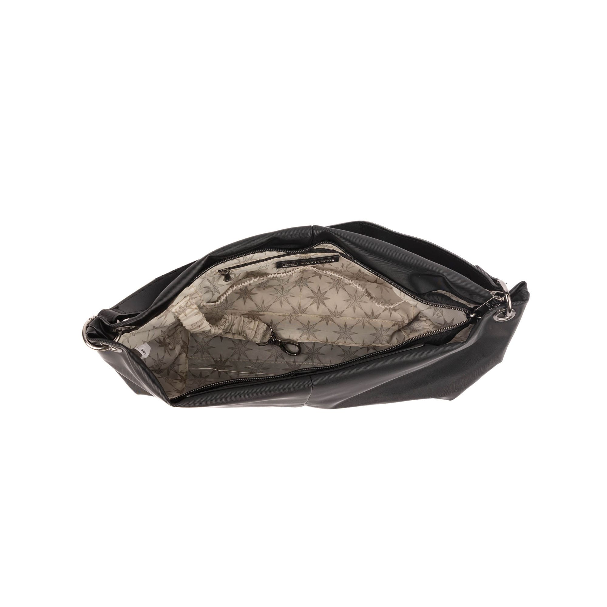 Black Lug Half Plunge Satin Luxe VL Crossbody Bag with sleek design, featuring a satin finish and adjustable strap.