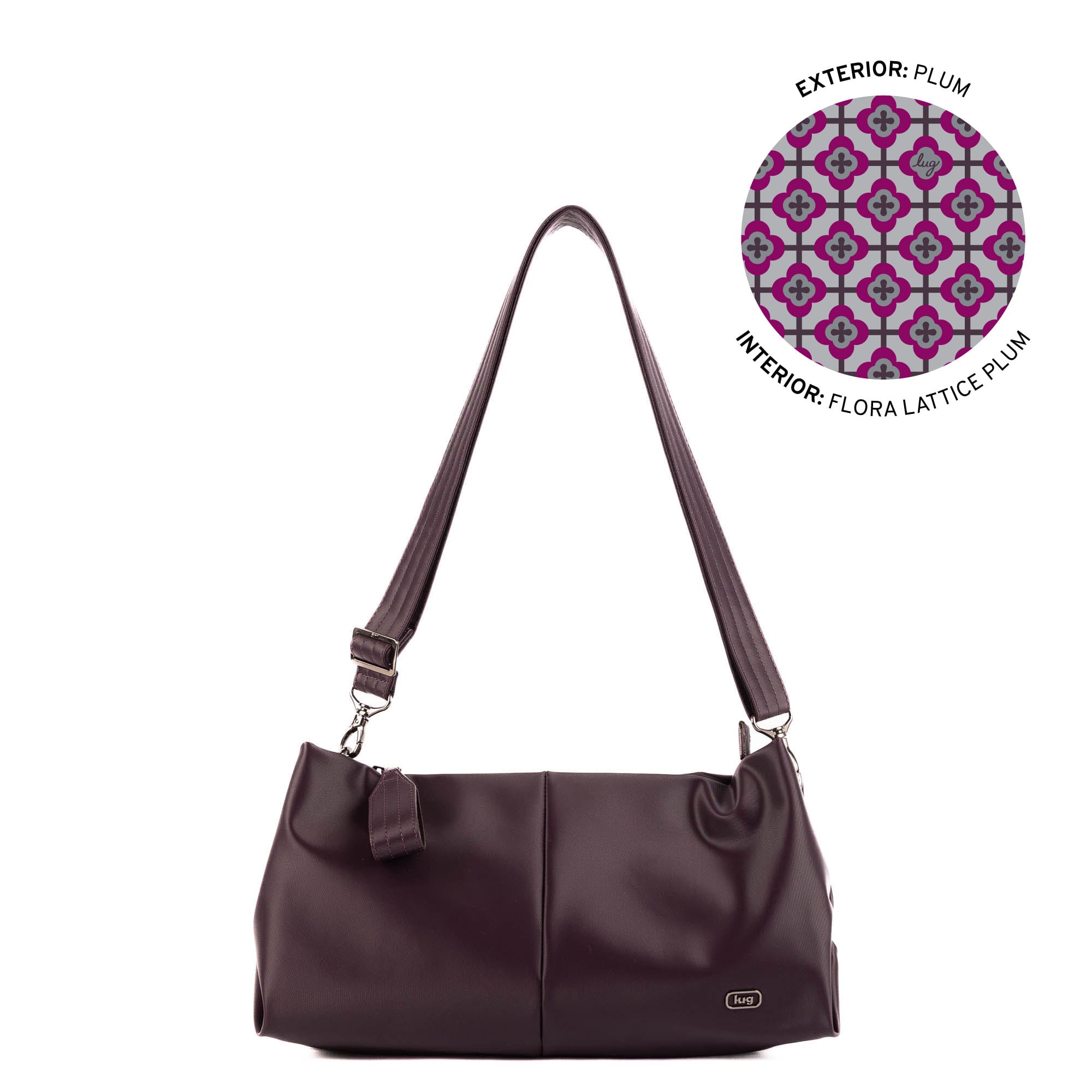 Lug Half Plunge Satin Luxe VL crossbody bag in plum color, featuring a sleek design and adjustable strap.
