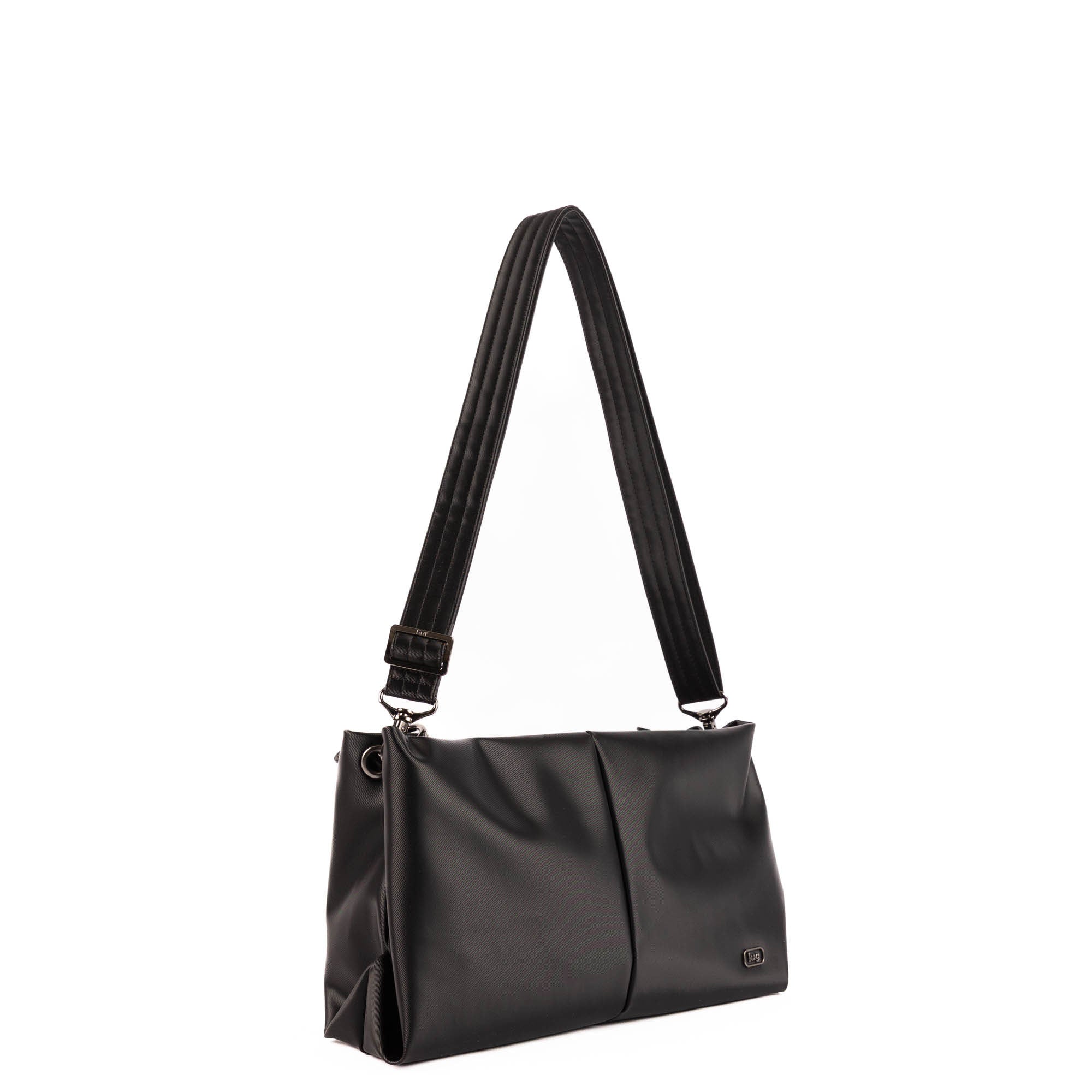 Lug Half Plunge Satin Luxe VL black crossbody bag with sleek design and adjustable strap, featuring smooth satin finish.