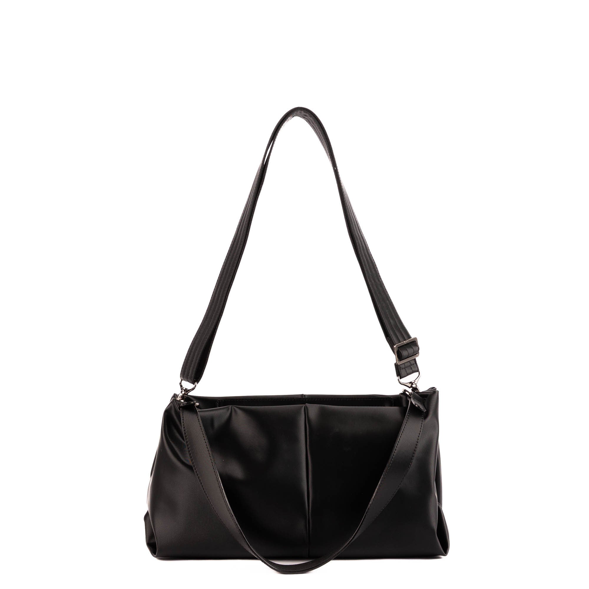 Black Lug Half Plunge Satin Luxe VL Crossbody Bag with sleek strap and elegant satin finish, angled view showing stylish design.