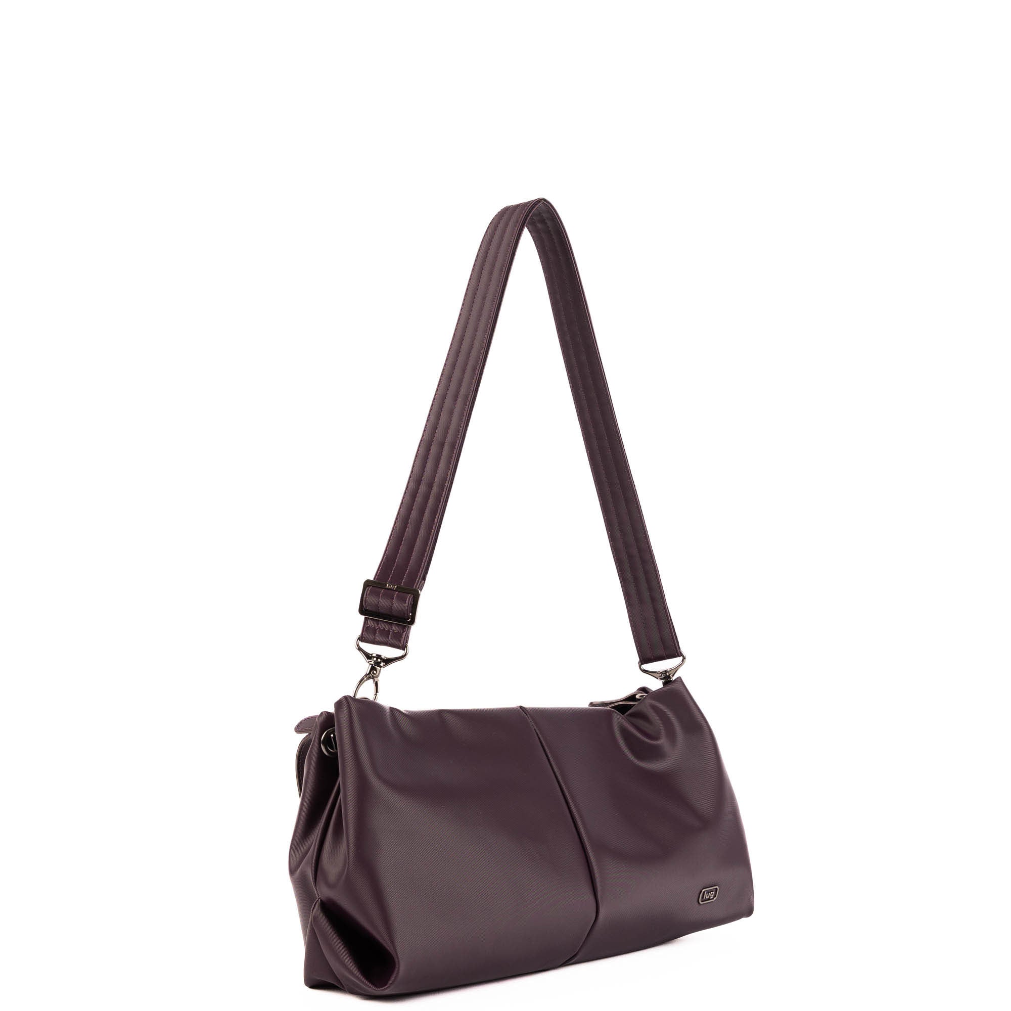 Lug Half Plunge Satin Luxe VL Crossbody Bag in plum color, showing its sleek design and satin finish from an angled view.