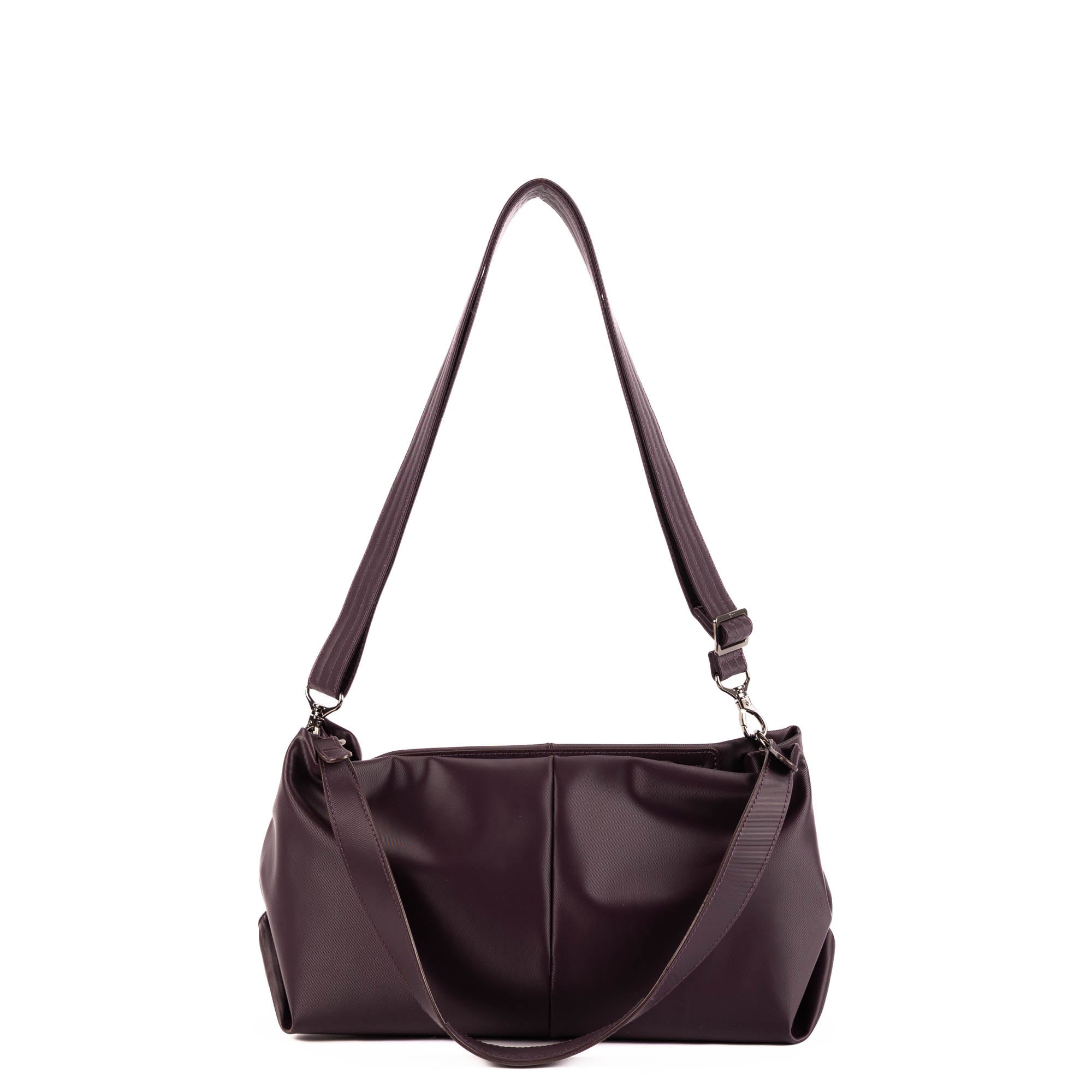 Lug Half Plunge Satin Luxe VL Crossbody Bag in plum with smooth satin finish and adjustable strap, angled view.